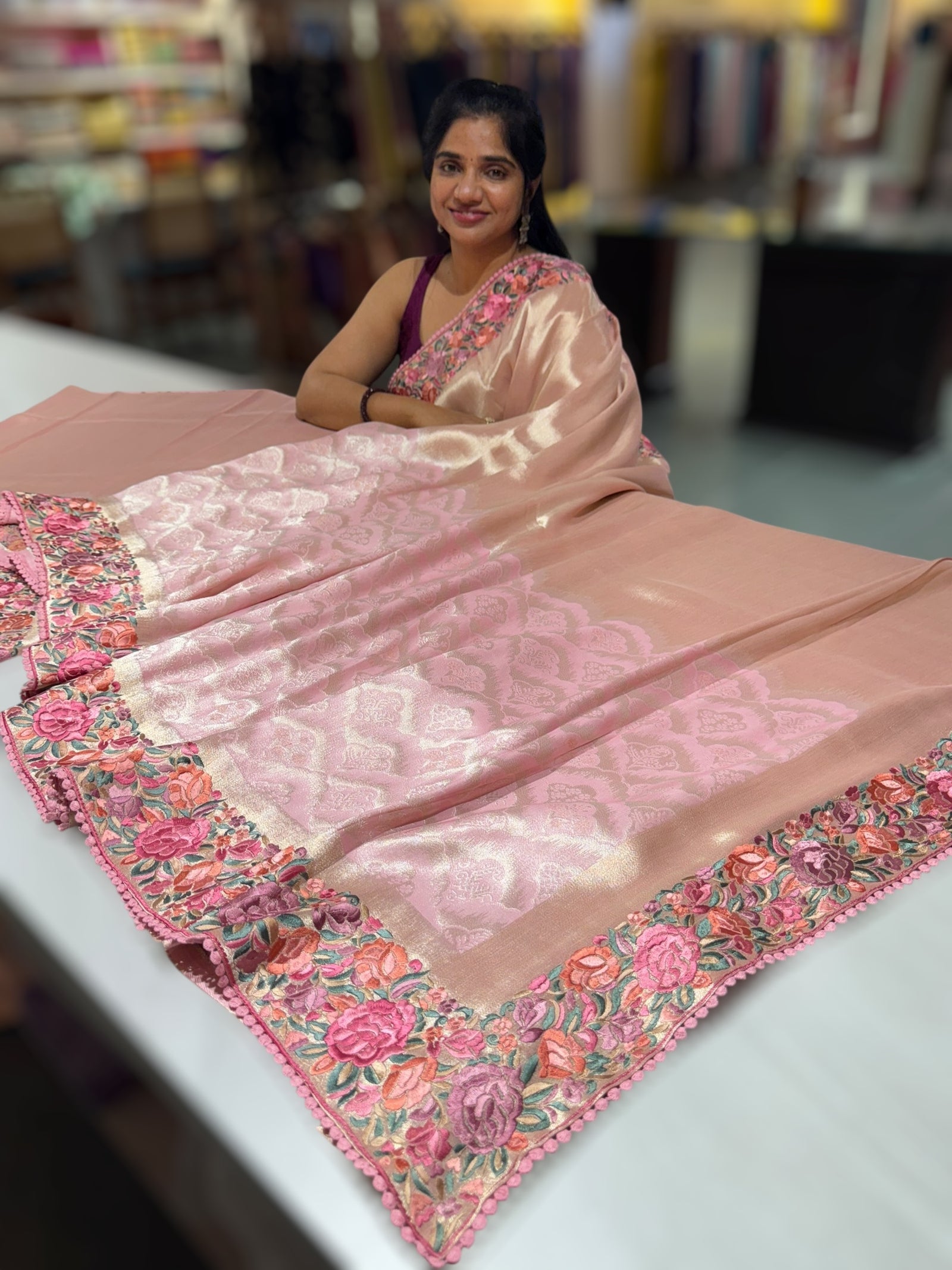 Baby Pink Banarasi Brocade tissue saree with tonchui style weaving and parsi gara embroidered border