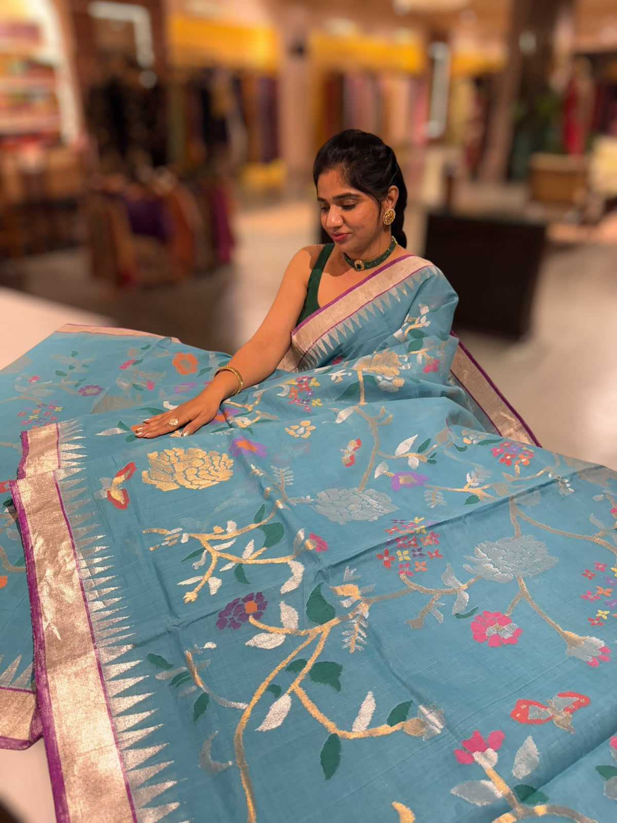Blue Ponduru Khadi Jamdani Allover Meenkari Weaving Saree