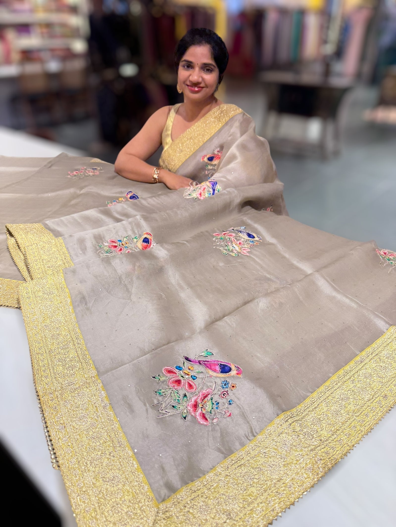 Earthy Tone Pure Organza Saree with banarasi pitawork border and bird applique motifs allover the saree