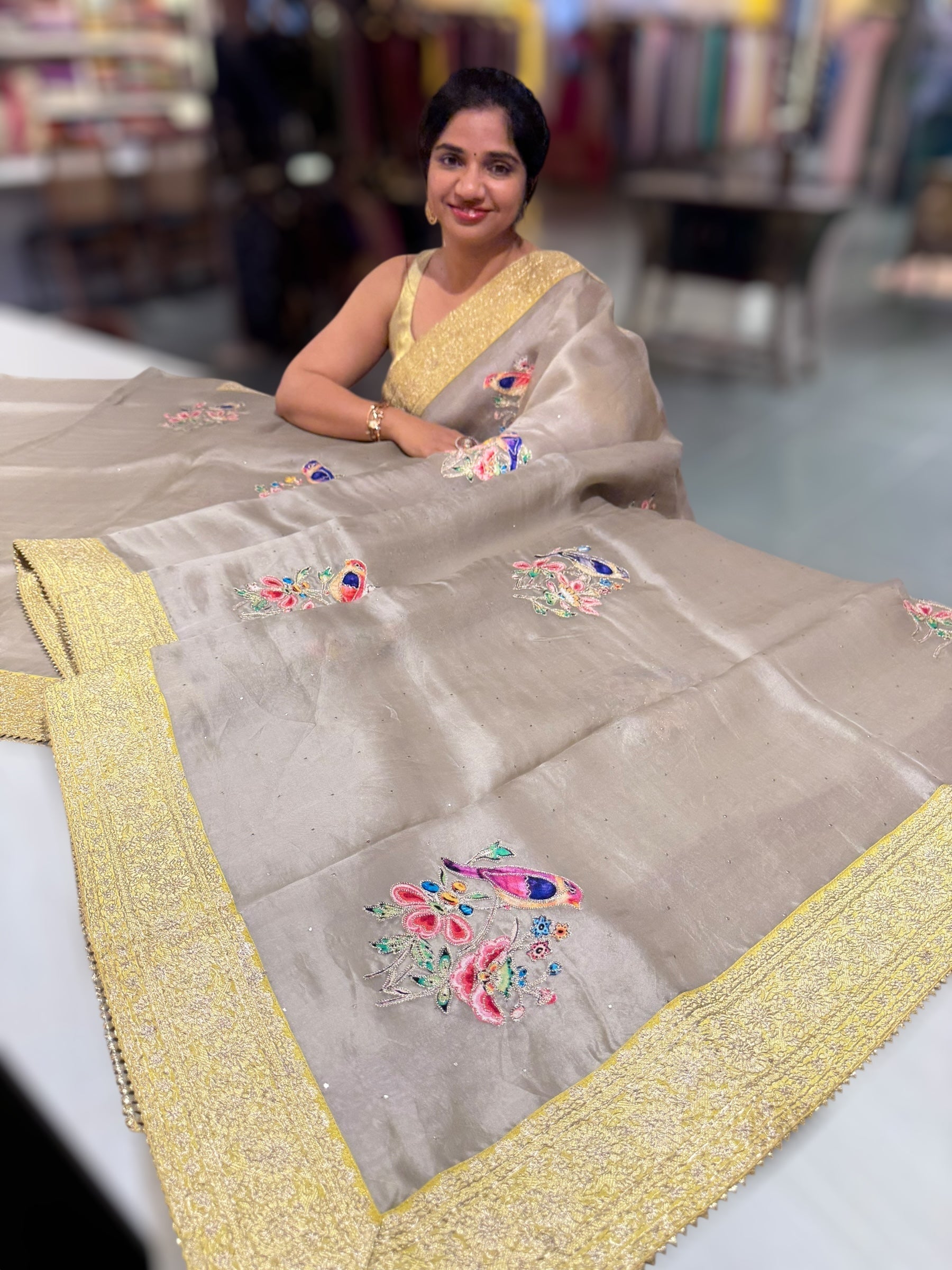Earthy Tone Pure Organza Saree with banarasi pitawork border and bird applique motifs allover the saree