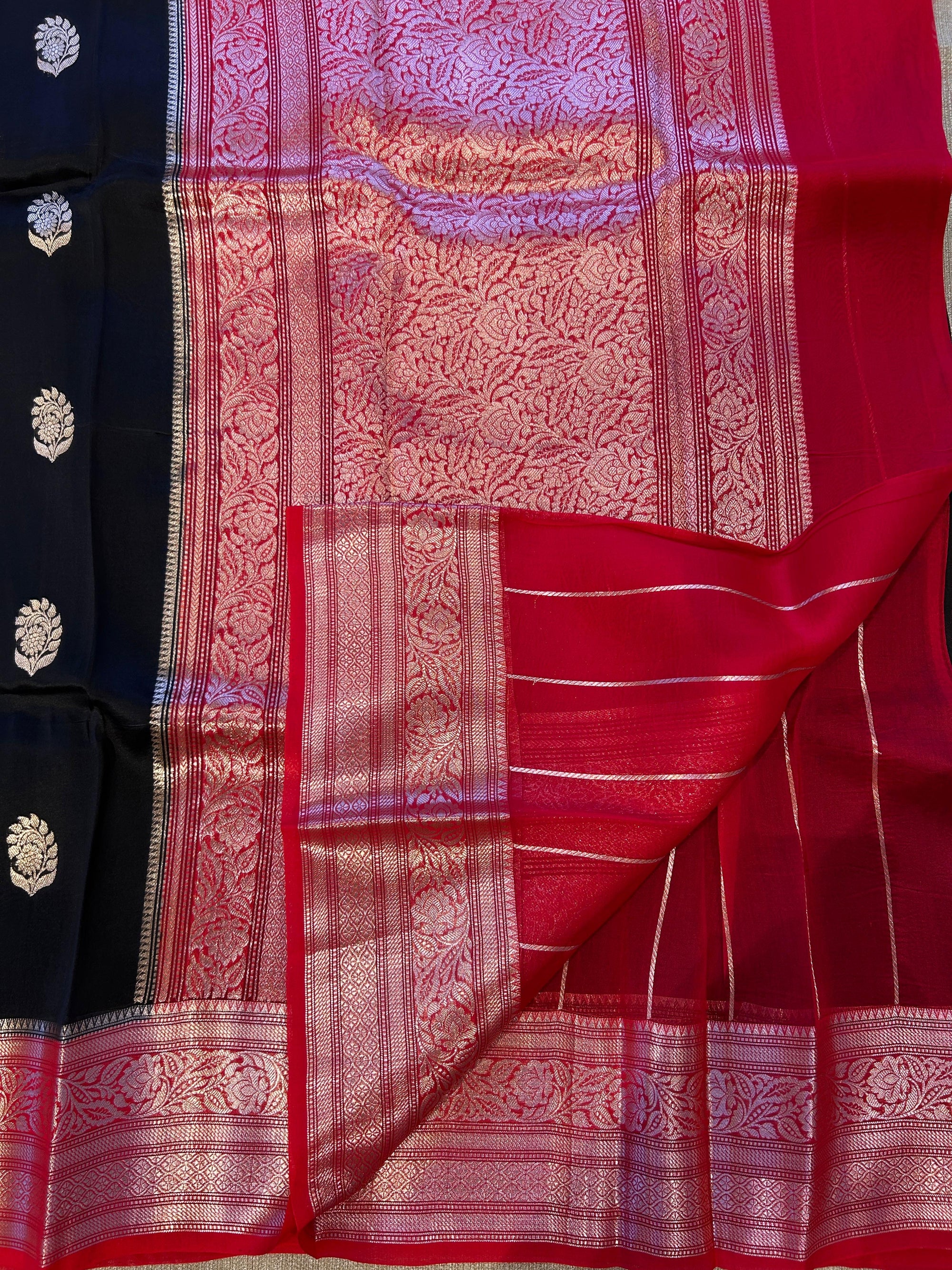 Black and Red Combo Pure Handloom premium Kora Banarasi Saree
