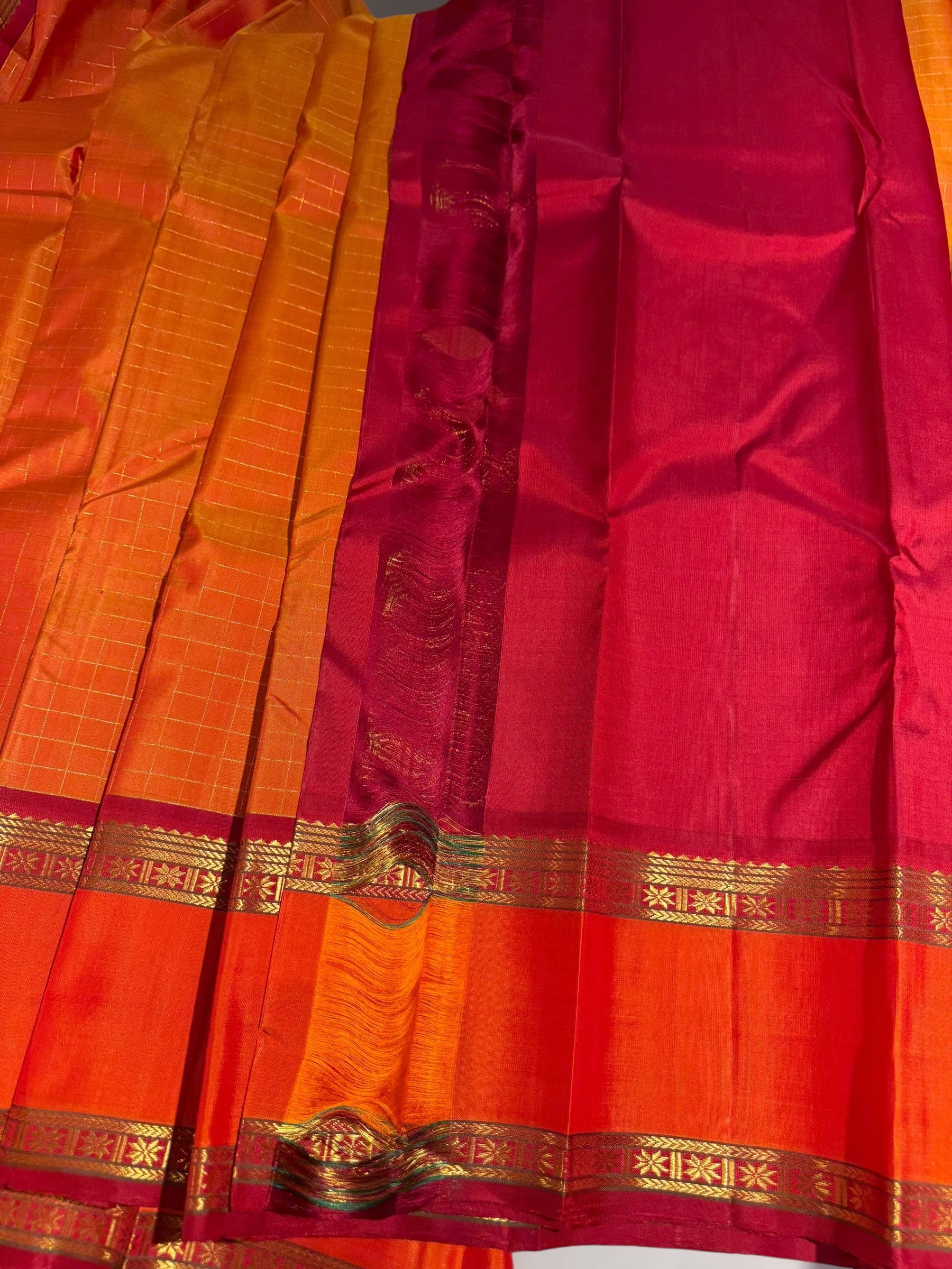 Orangish Mustard Dual Tone Kanchi vintage checks saree with Gap Border