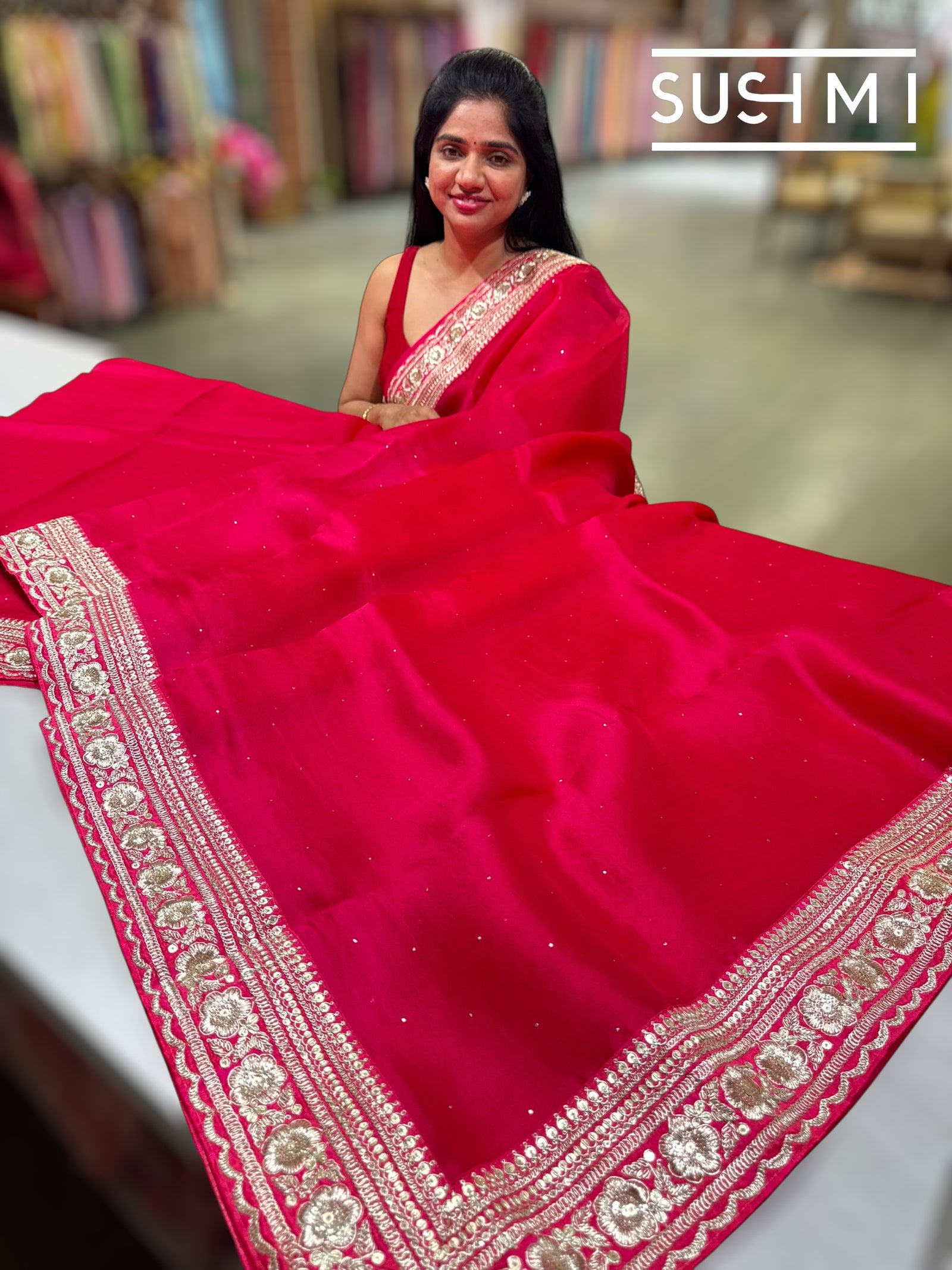 Dark Pink pure Organza with sabhya borders : S62F147