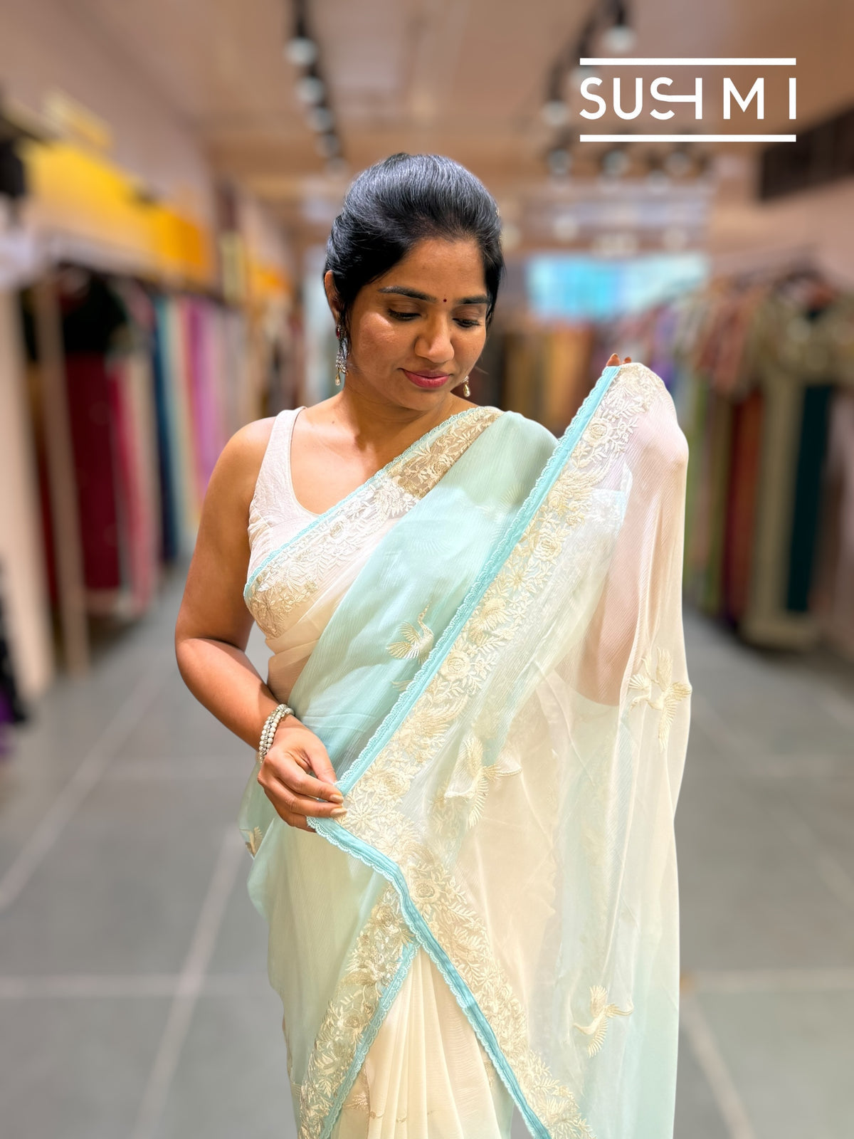 Pastel Blue ombre dyed pure chiffon saree with parsigara embroidery : S62F070