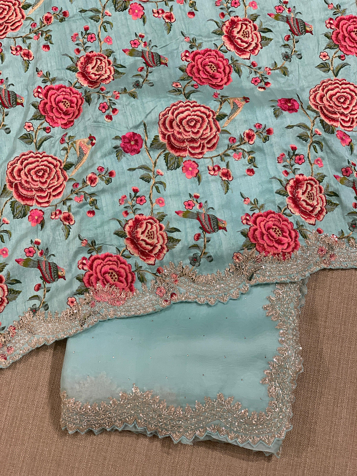 Mint Blue Pure Organza Handwork Saree with heavy Designer Blouse