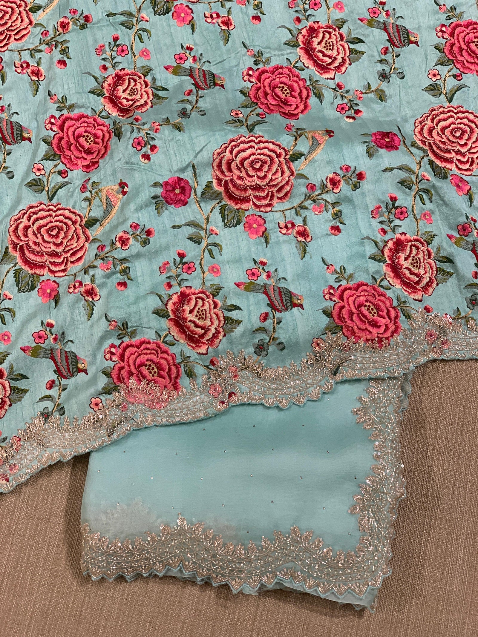 Mint Blue Pure Organza Handwork Saree with heavy Designer Blouse