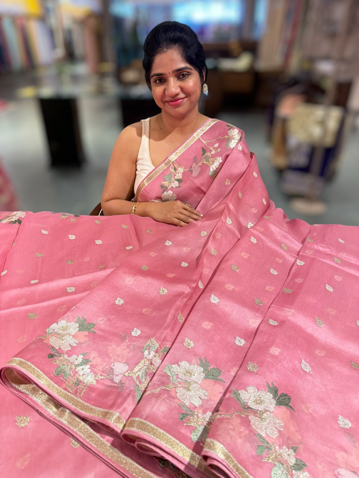 Onion Pink Pure Organza with jamdani inspired embroidery