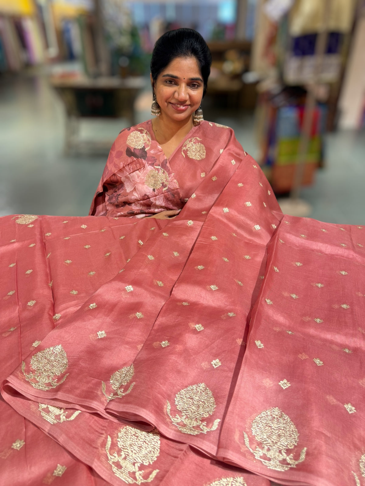 Dark Onion Pink Organza Saree With Embroidery &amp; Tussar Printed Blouse