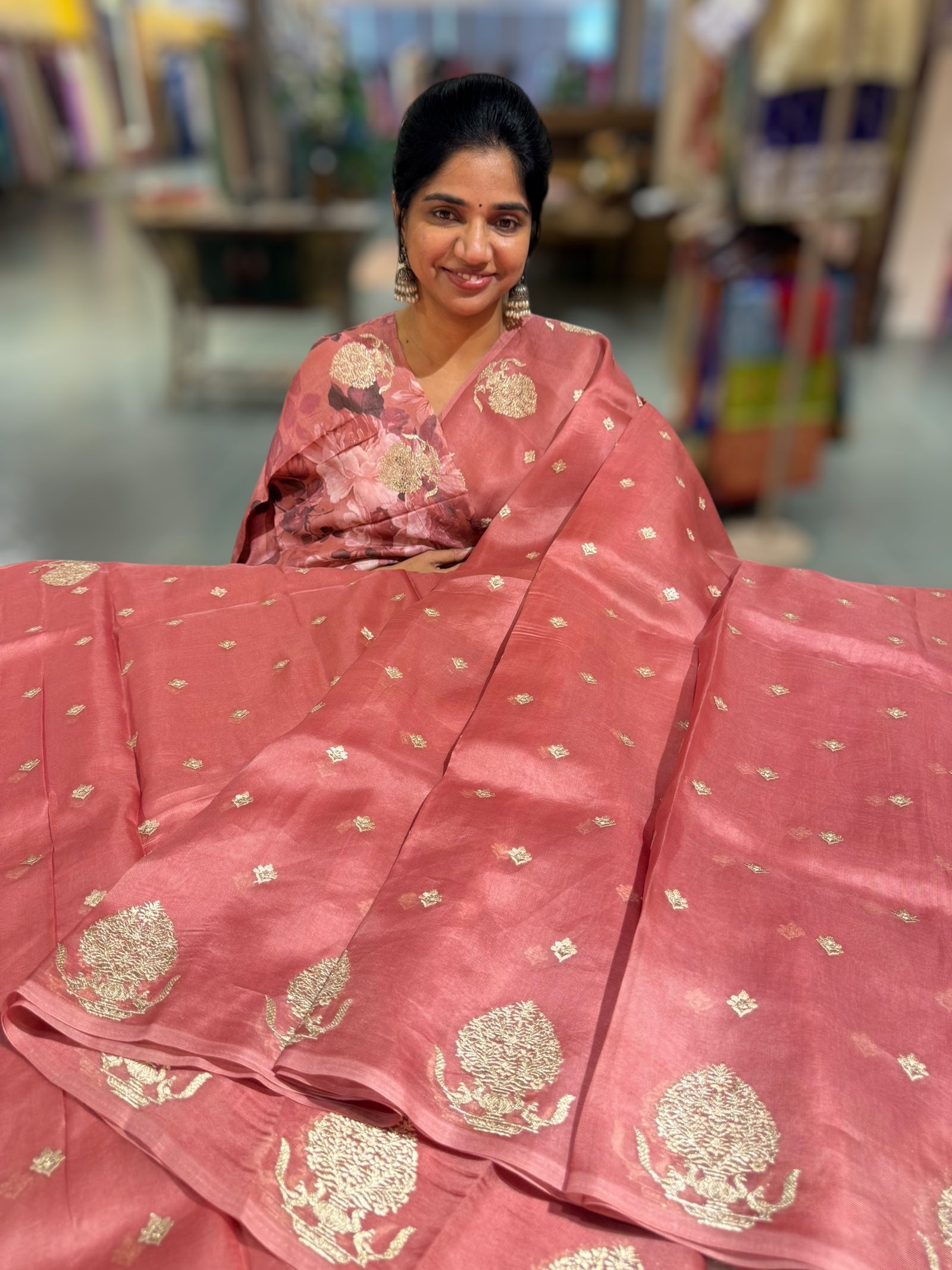 Dark Onion Pink Organza Saree With Embroidery & Tussar Printed Blouse