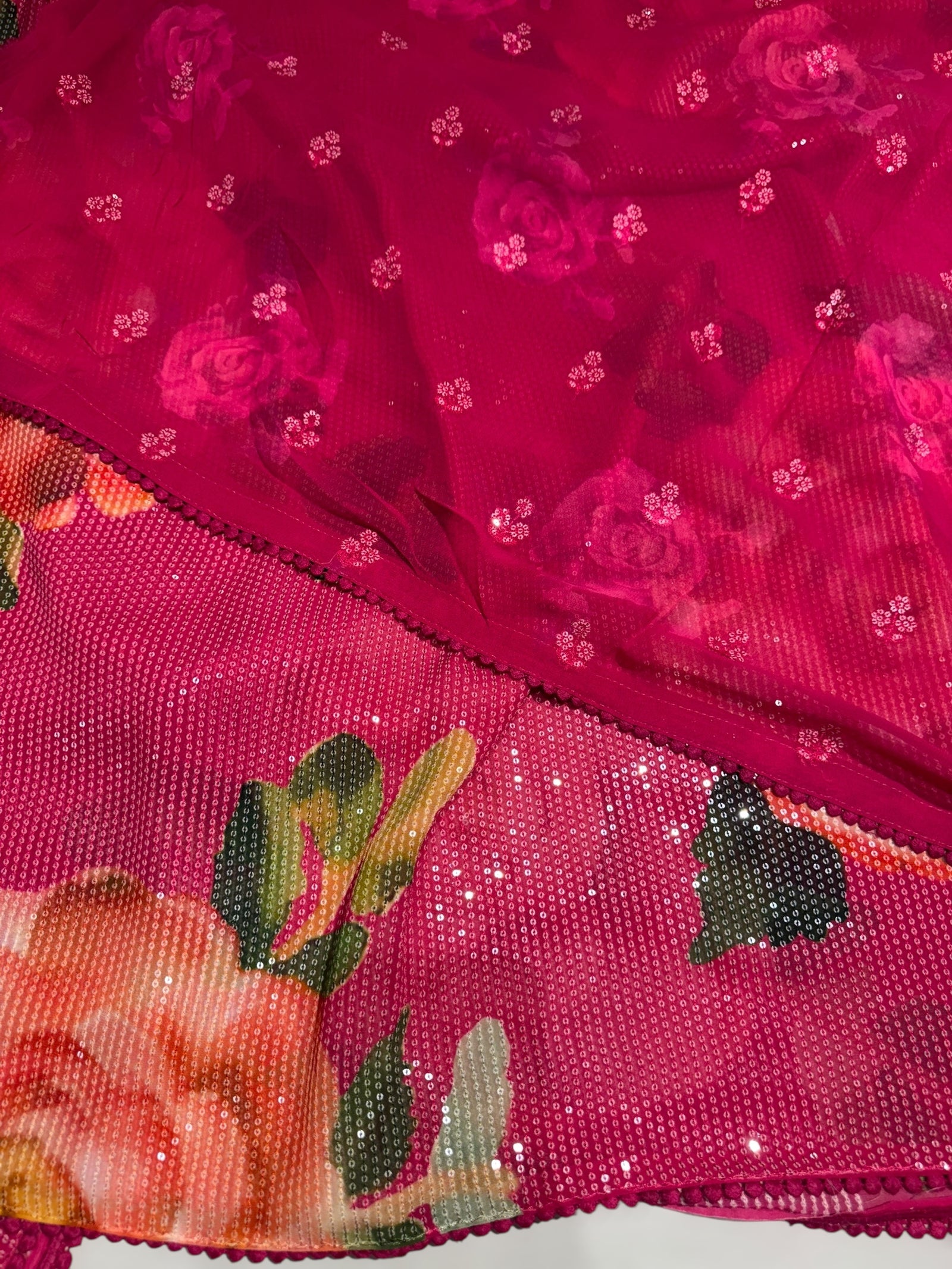 Dark Pink georgette sequence saree with statement floral print