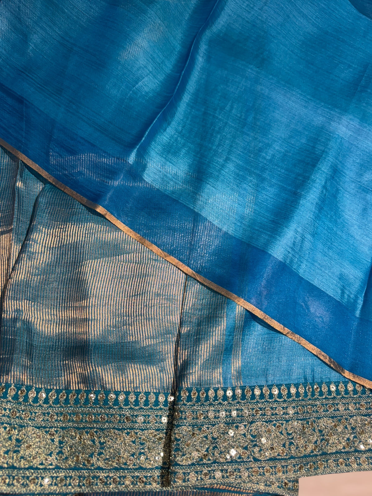 Copper sulphate kora Muslin Tissue fusion saree