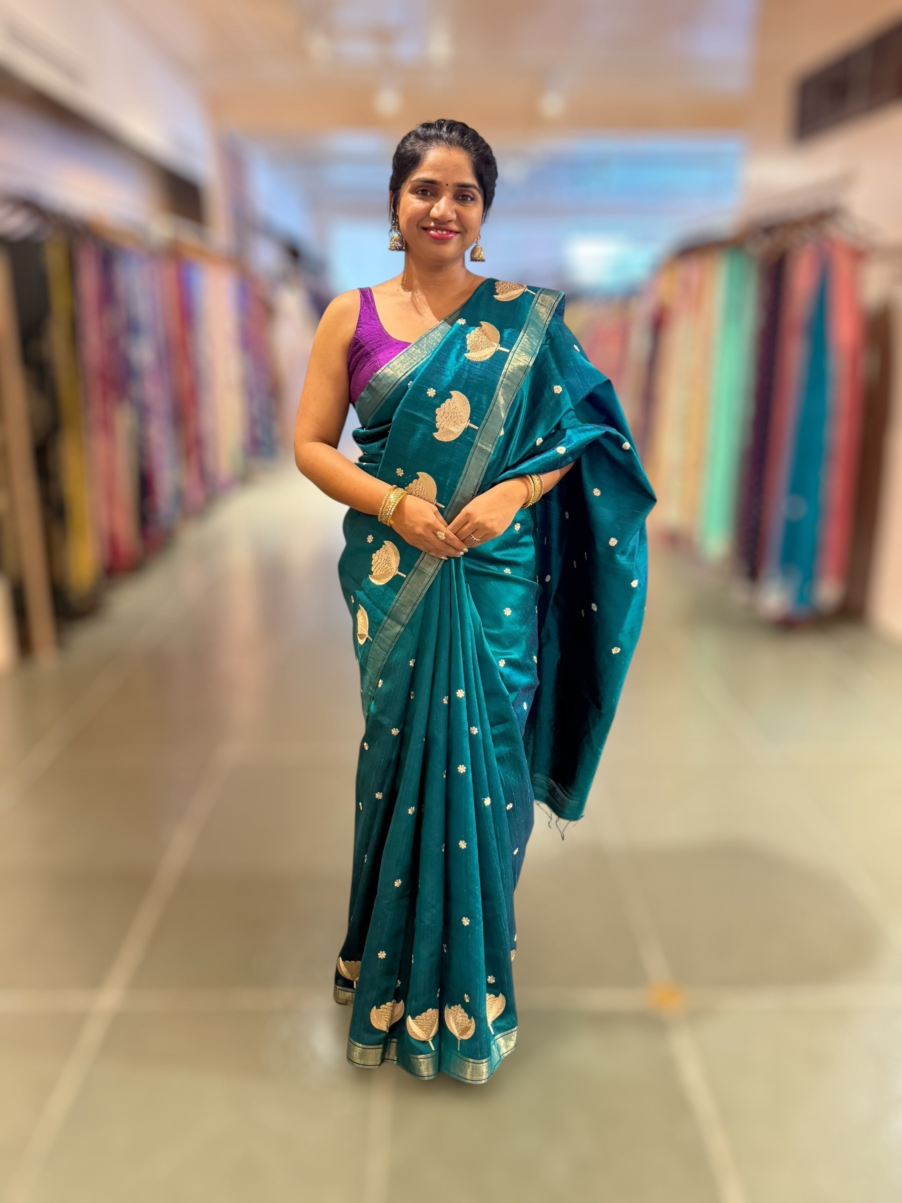 Peacock Blue Pure Handloom Raw Silk Saree