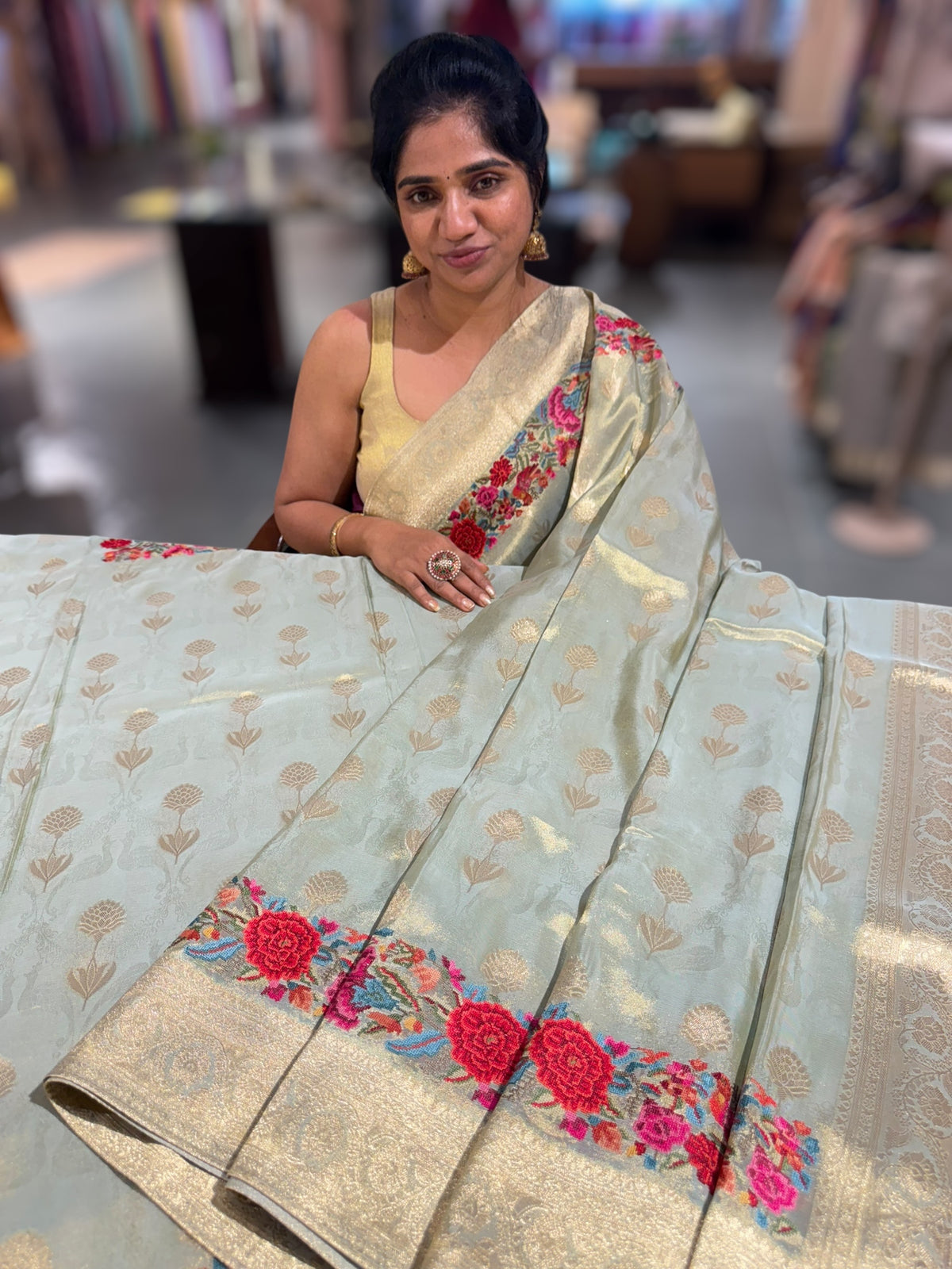 Mint Blue Banarasi Tissue with embroidered border