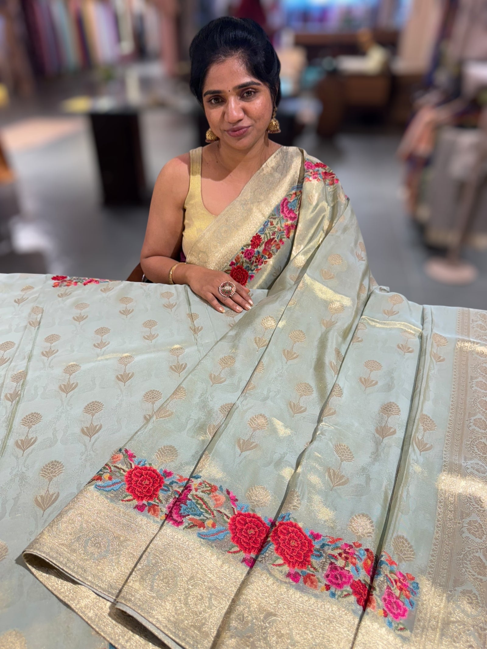 Mint Blue Banarasi Tissue with embroidered border