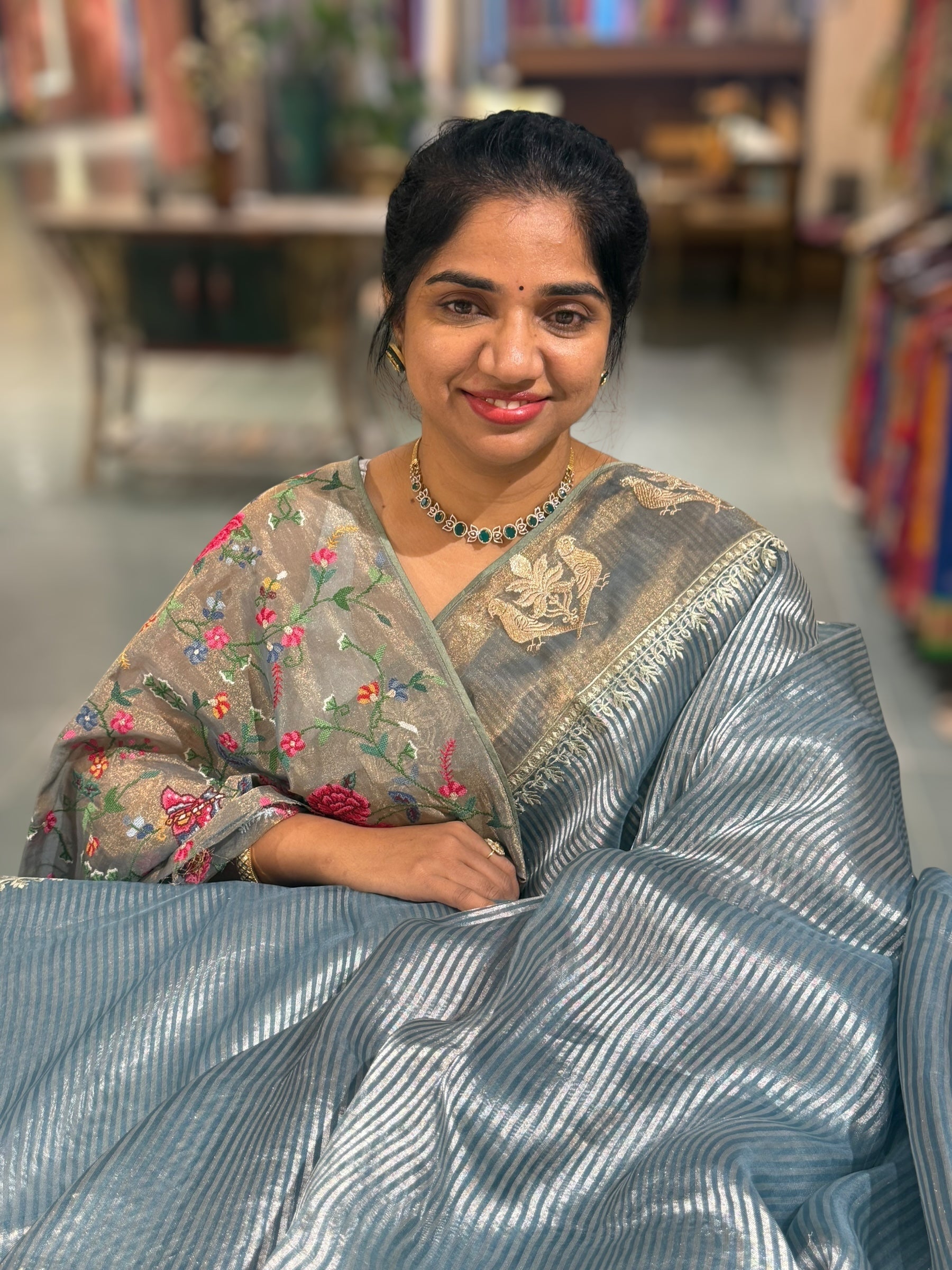 Dusty Blue Kora tissue silver stripes Saree with double parrot  embroidered tissue border