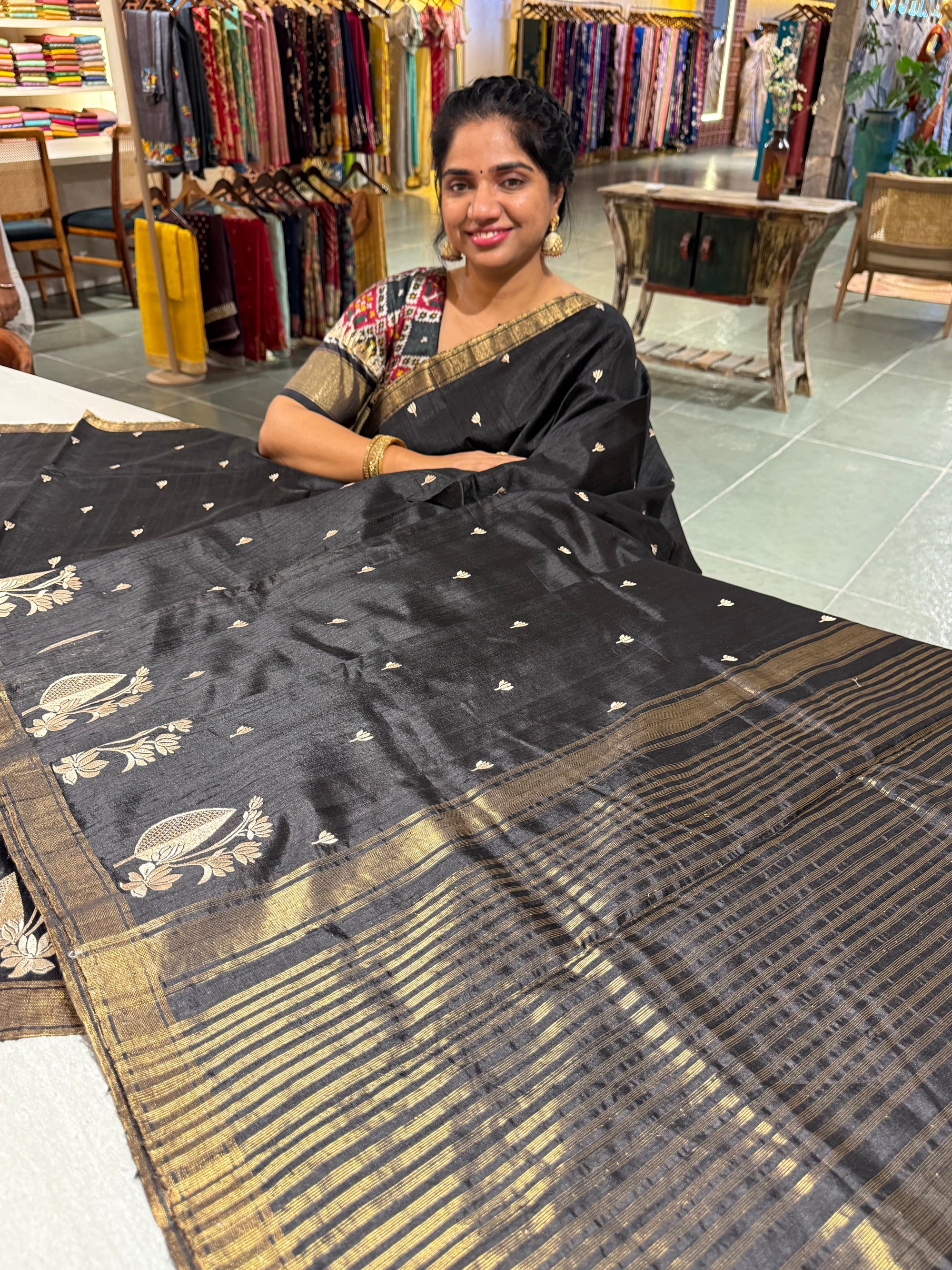 Black Pure Handloom Raw Silk Saree
