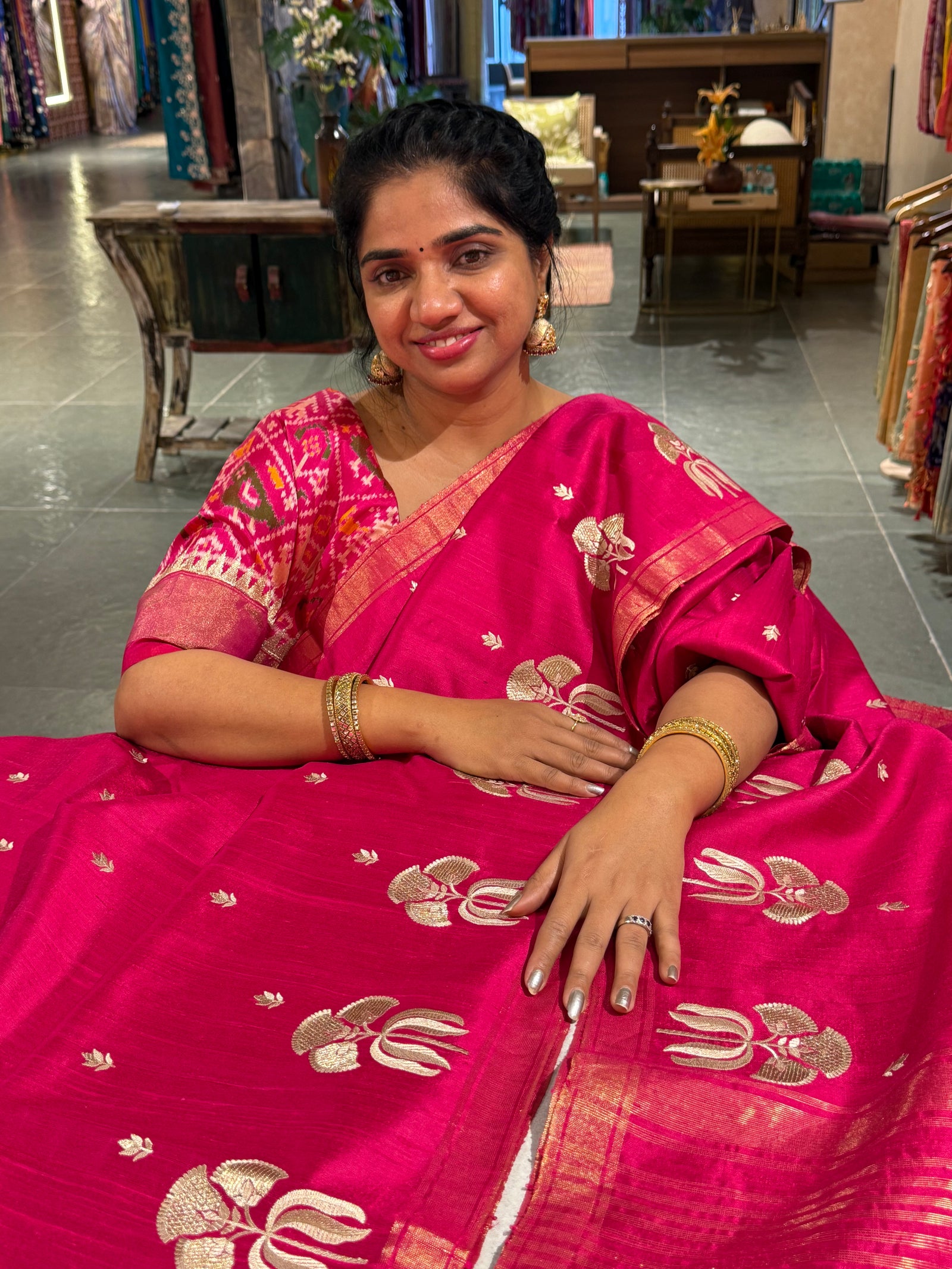 Dark Pink Pure Handloom Raw Silk Saree