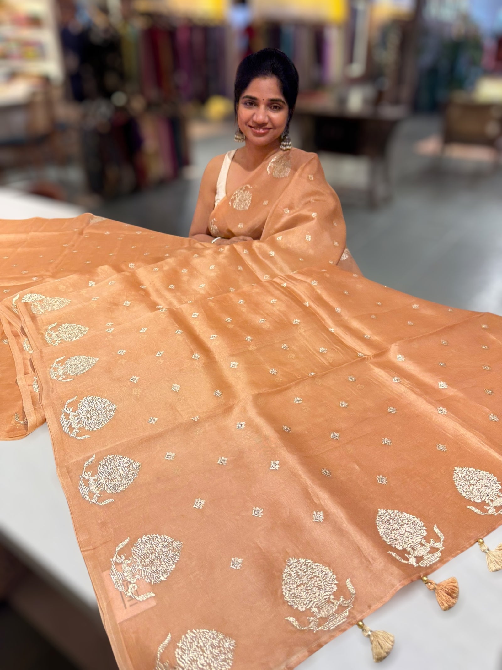 Peach Organza Saree With Embroidered Motifs & Tussar Printed Blouse