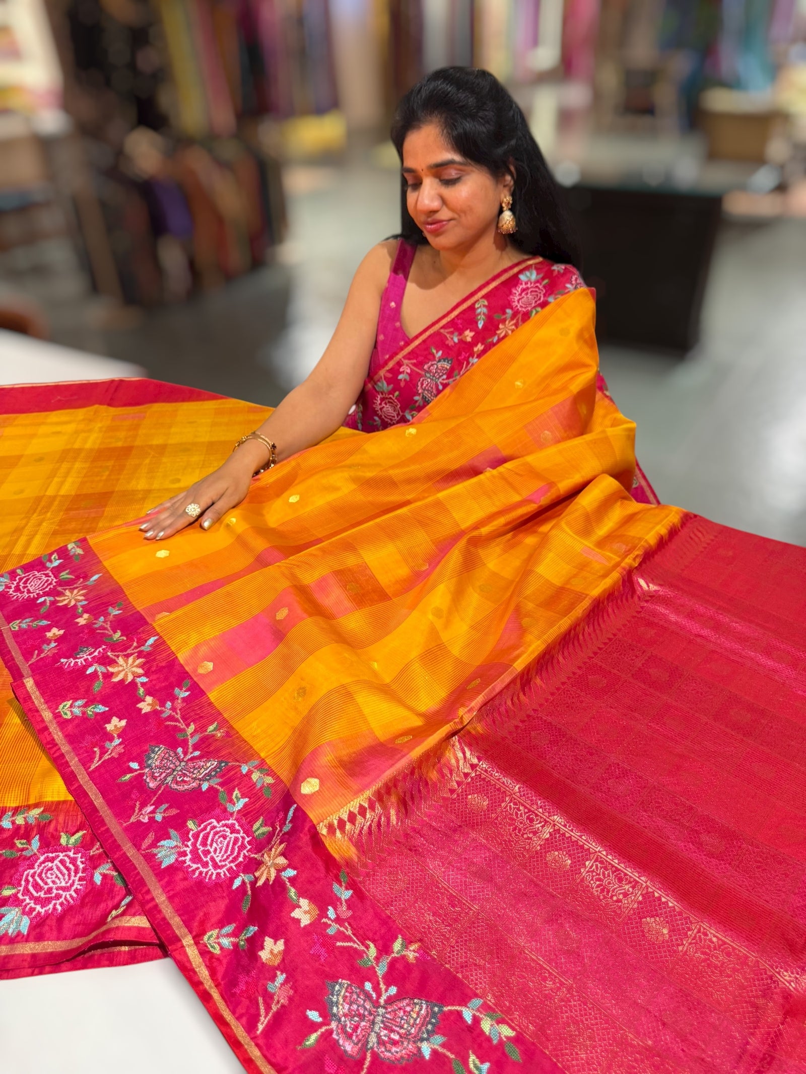 Mustard checks vintage style Kanchi Soft Silk Saree with petite point embroidered border