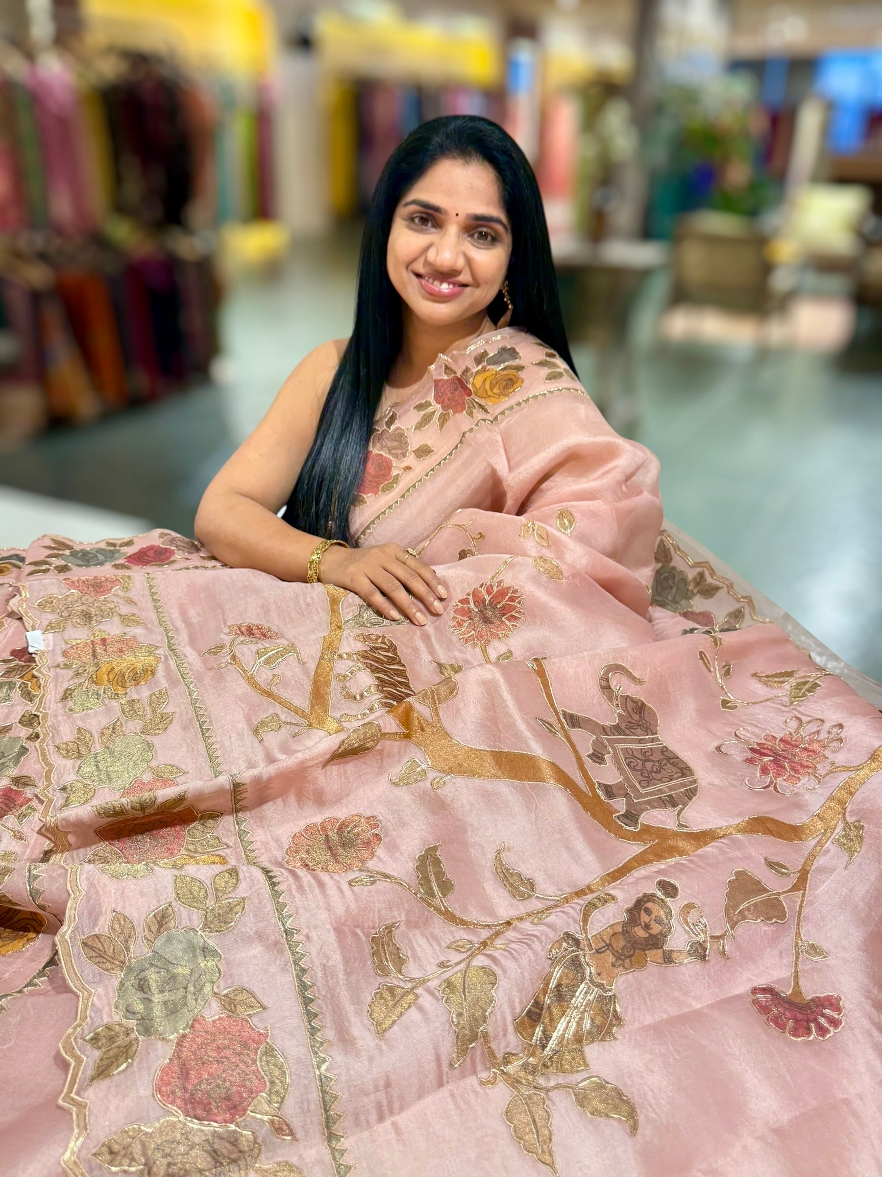 Nude Pink Pure Organza Applique Work Saree