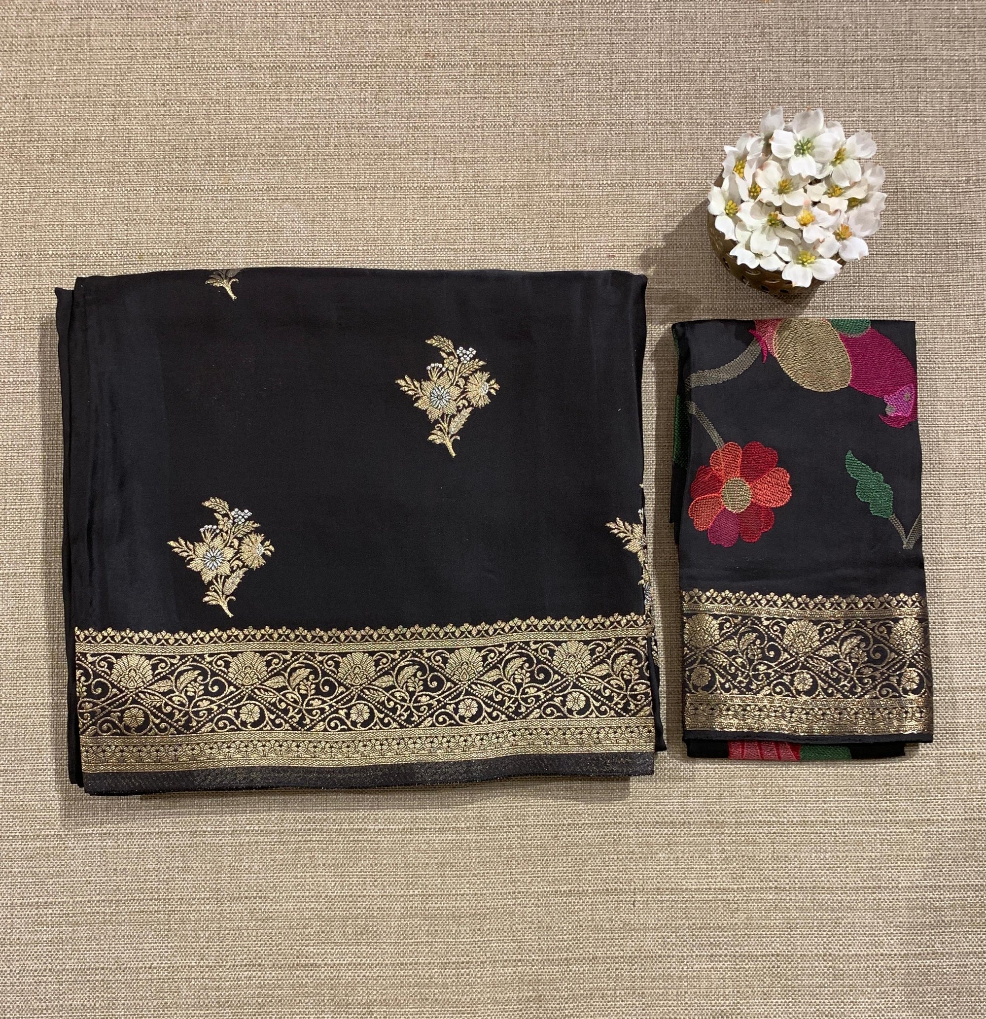 Black Mashru Silk Saree with Paithani inspired embroidered blouse