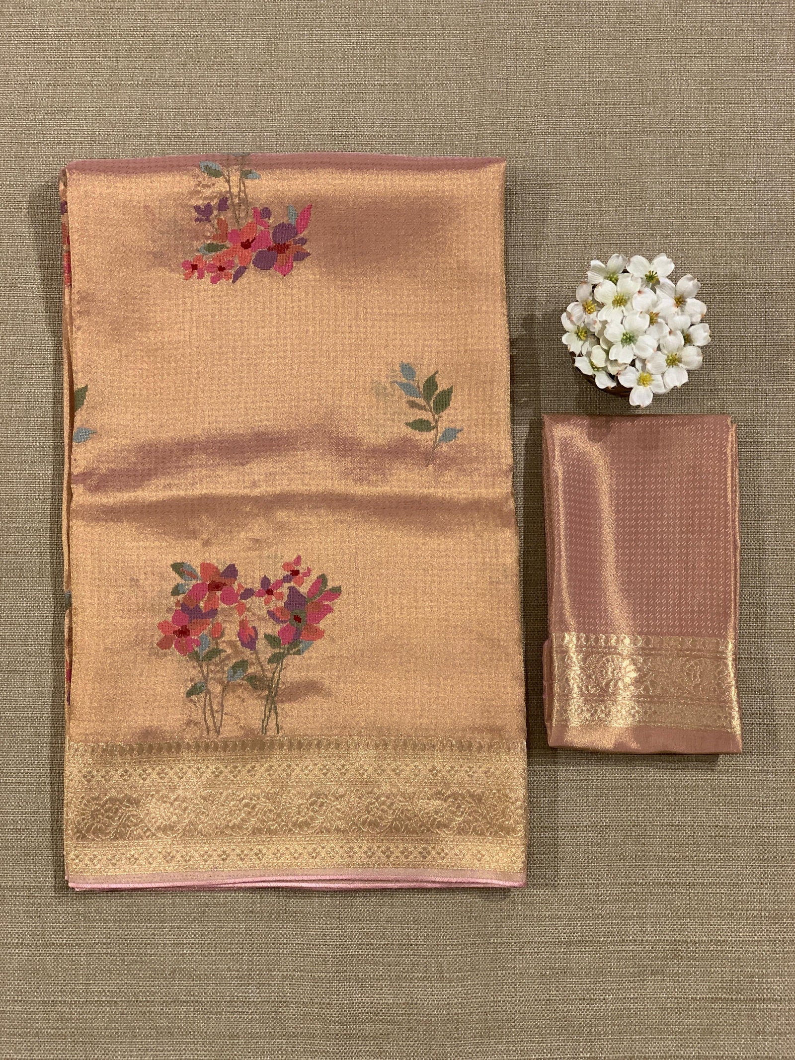 Peach Fancy Banarasi tissue tonchoi weaving saree with embroidery