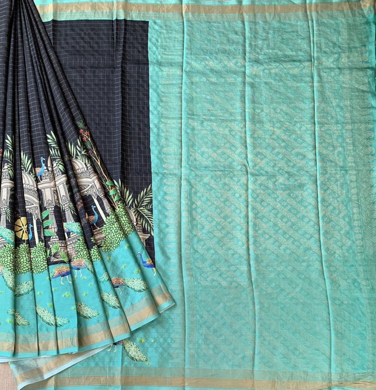 Black Checks Soft Silk with beautiful Skirt Border Peacock Print