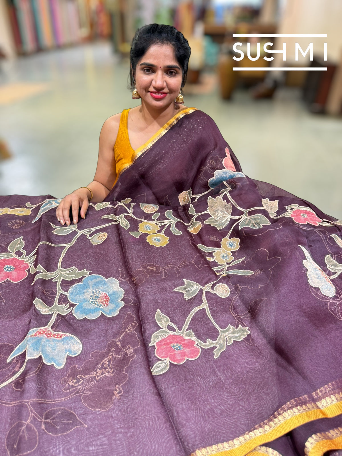 Winish Brown Designer Organza with Tissue applique work : S62F095