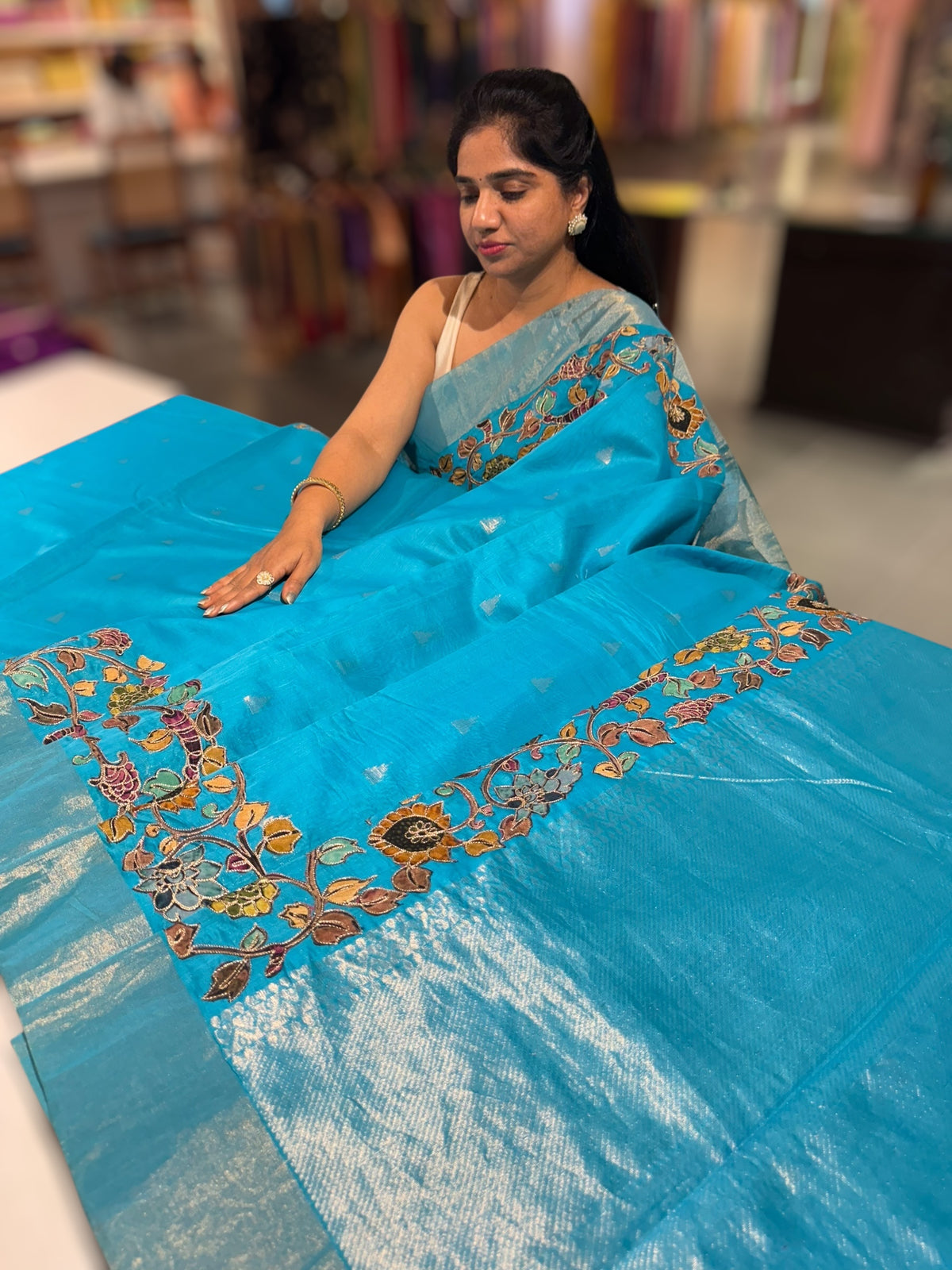 Copper sulphate chanderi silk saree with kalamkari applique border