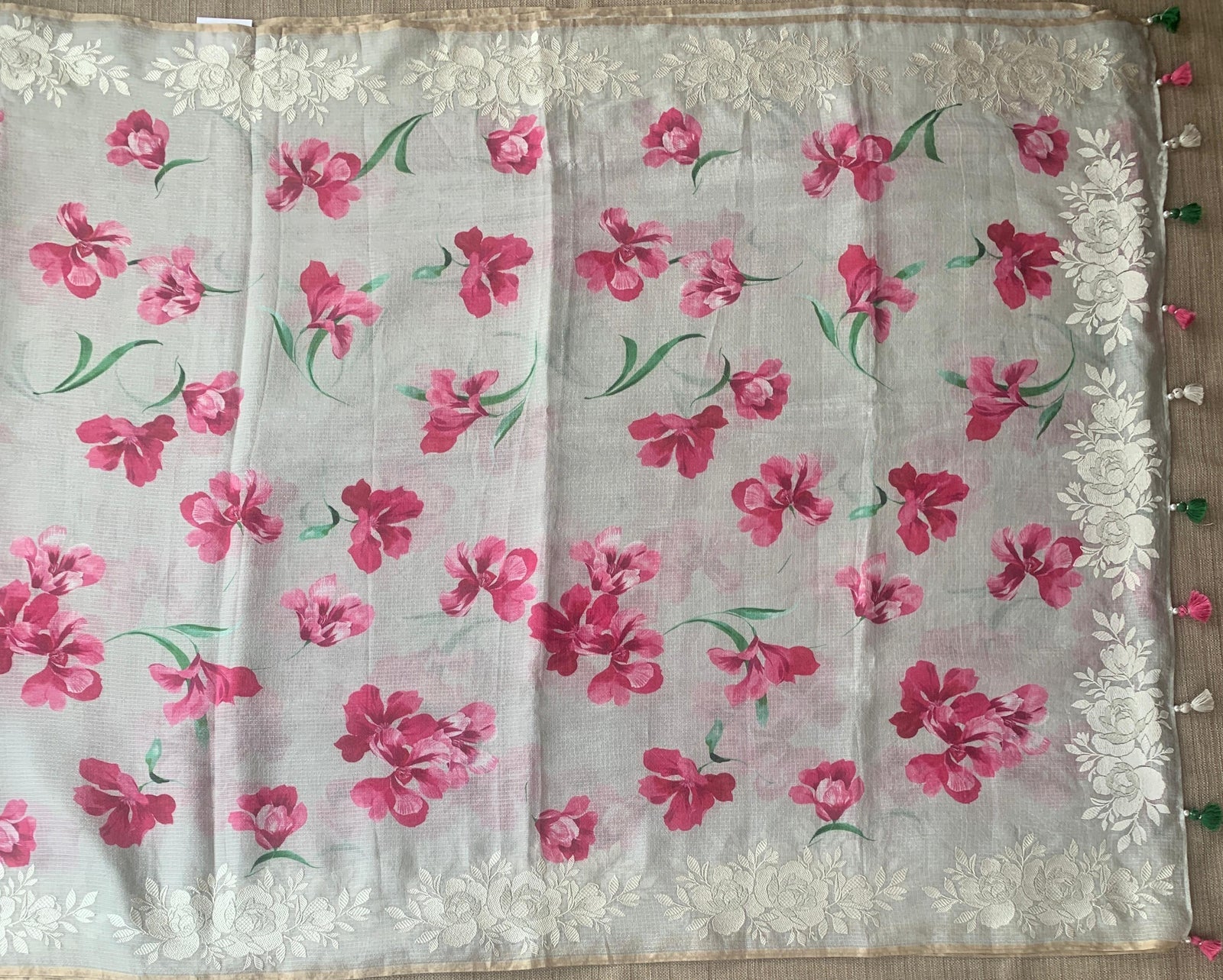 Dusty Grey Designer printed Silk kota saree with floral embroidered border