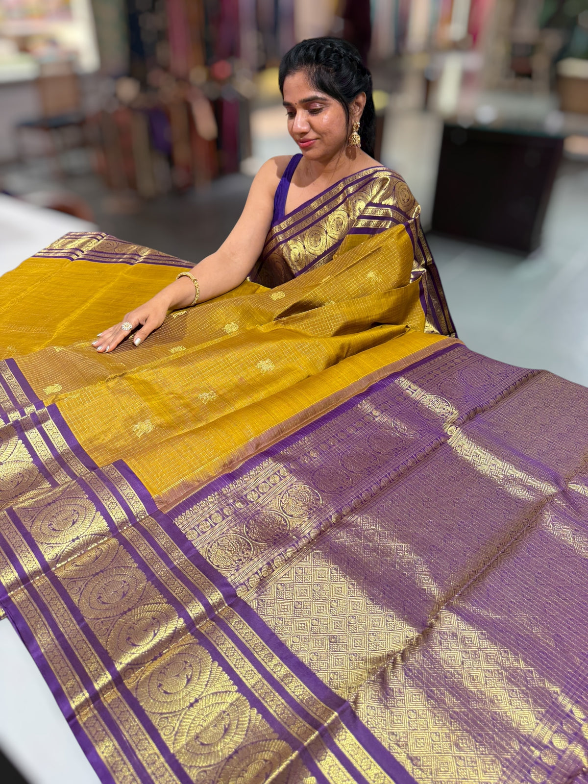 Mustard olive & Brinjal Combo Kanchipuram Vintage checks Saree