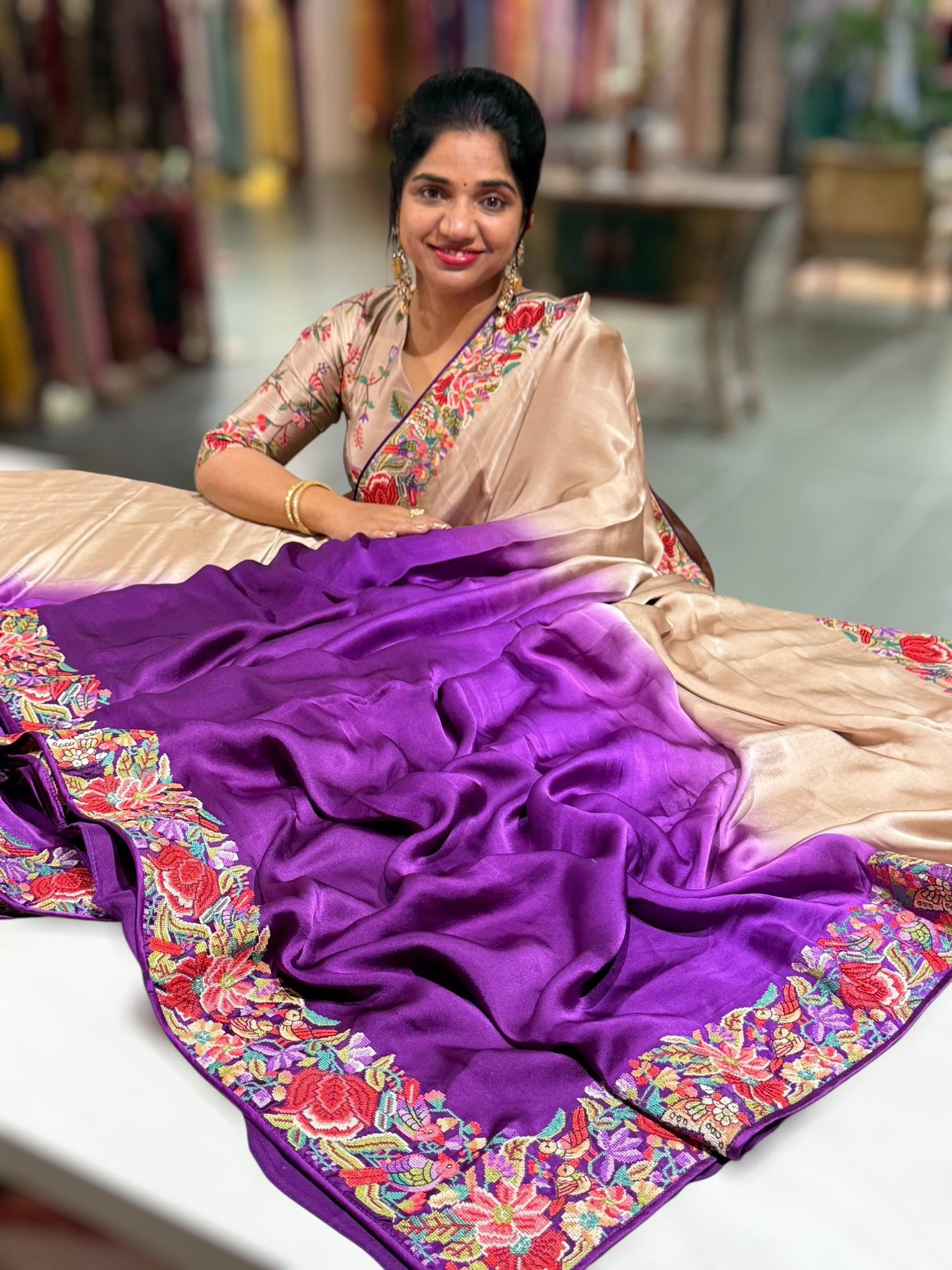 Pure Satin Ombre Dyed Saree with Petite Point Embroidered Border and blouse.