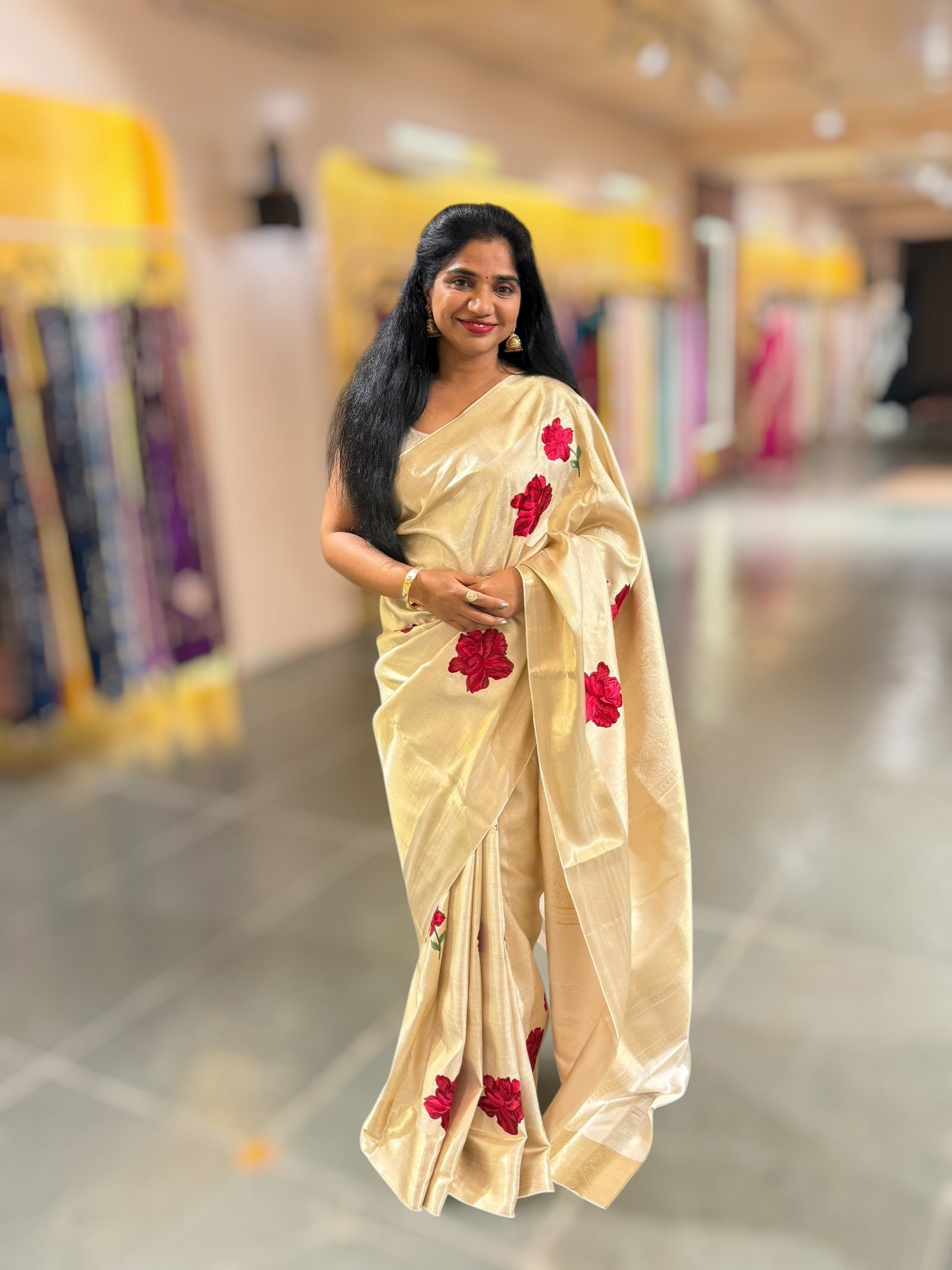 Ivory Kanjeevaram Brocade Saree With Hibiscus Floral bunches embroidery