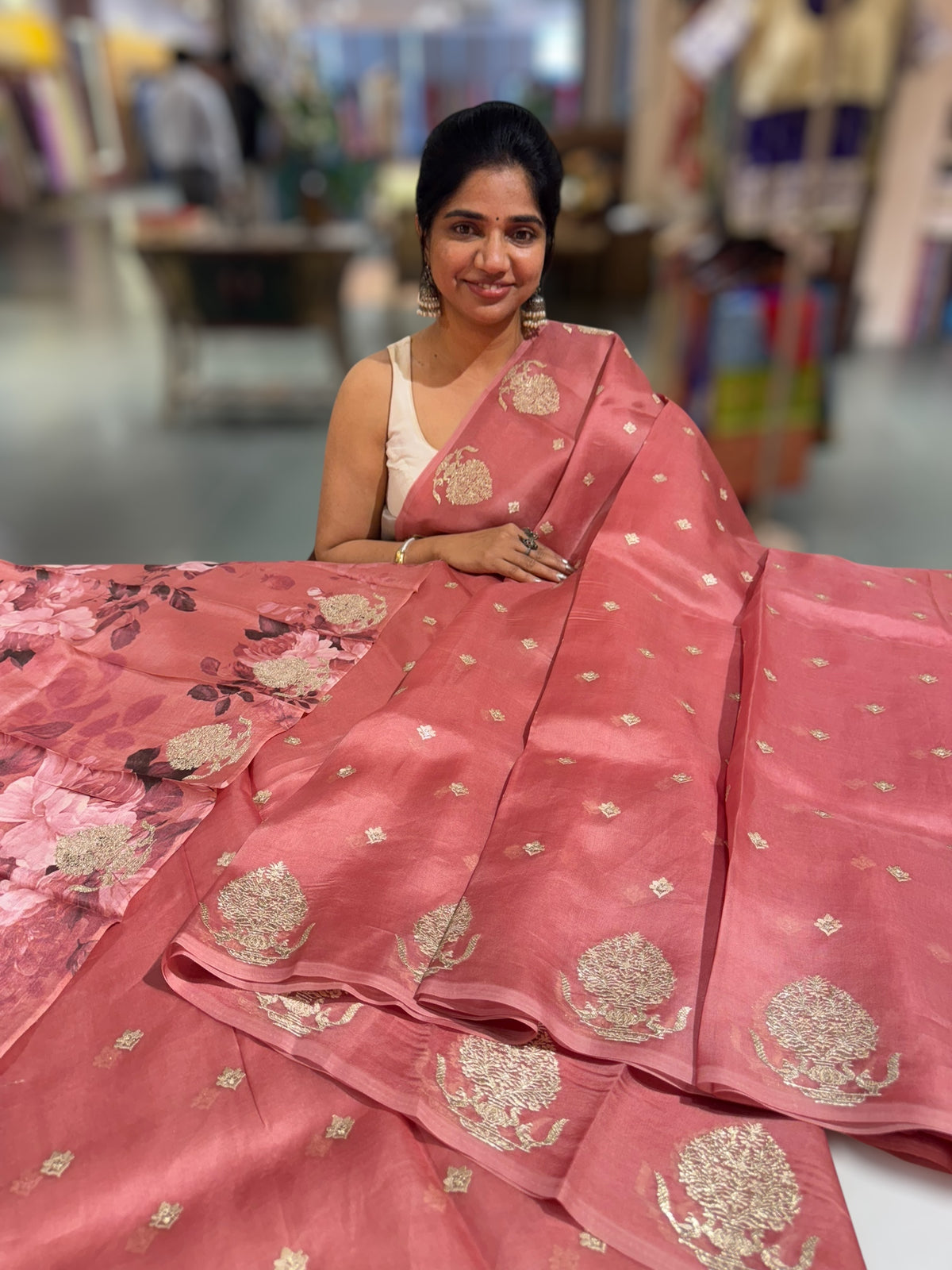 Dark Onion Pink Organza Saree With Embroidery & Tussar Printed Blouse