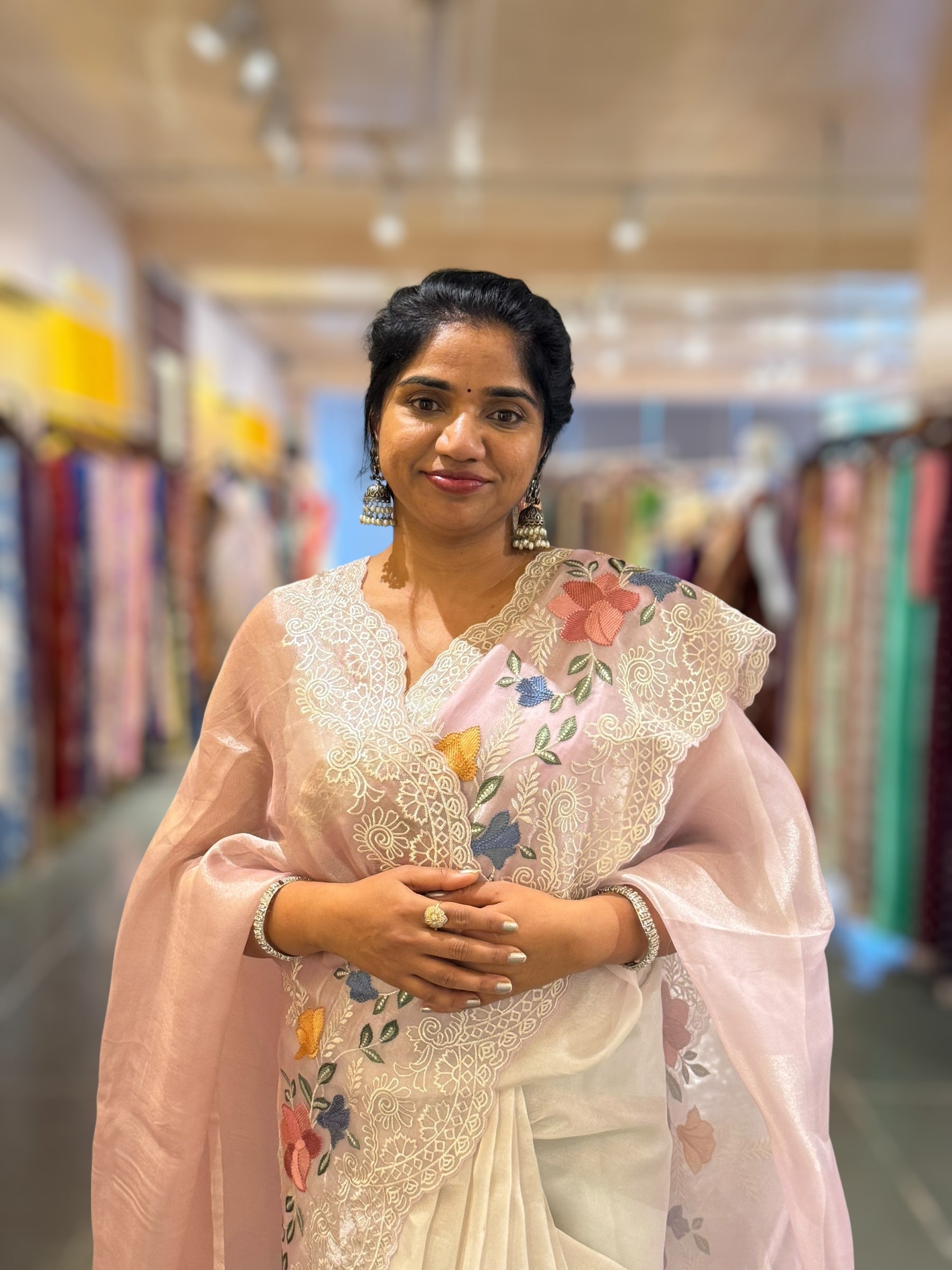 lilac & Silver Ombre dyed Tissue Saree with Cutwork embroidered Borders