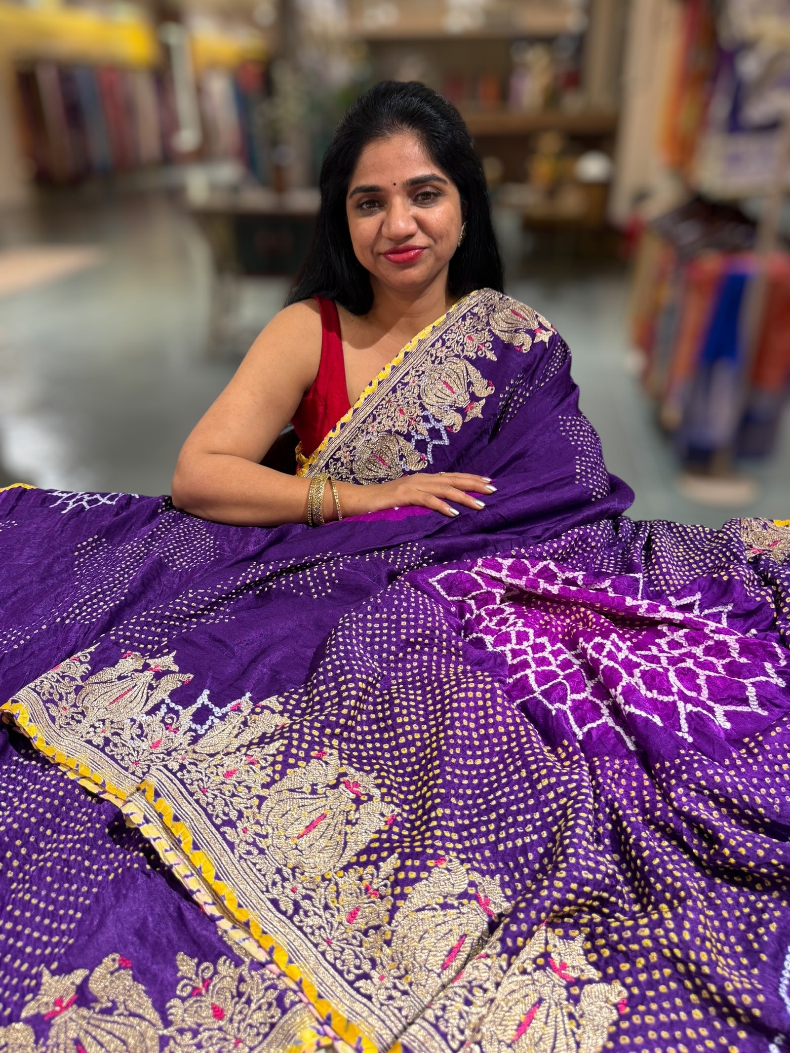 Dark Voilet Designer Rai Bandhej Saree With Embroidered Border