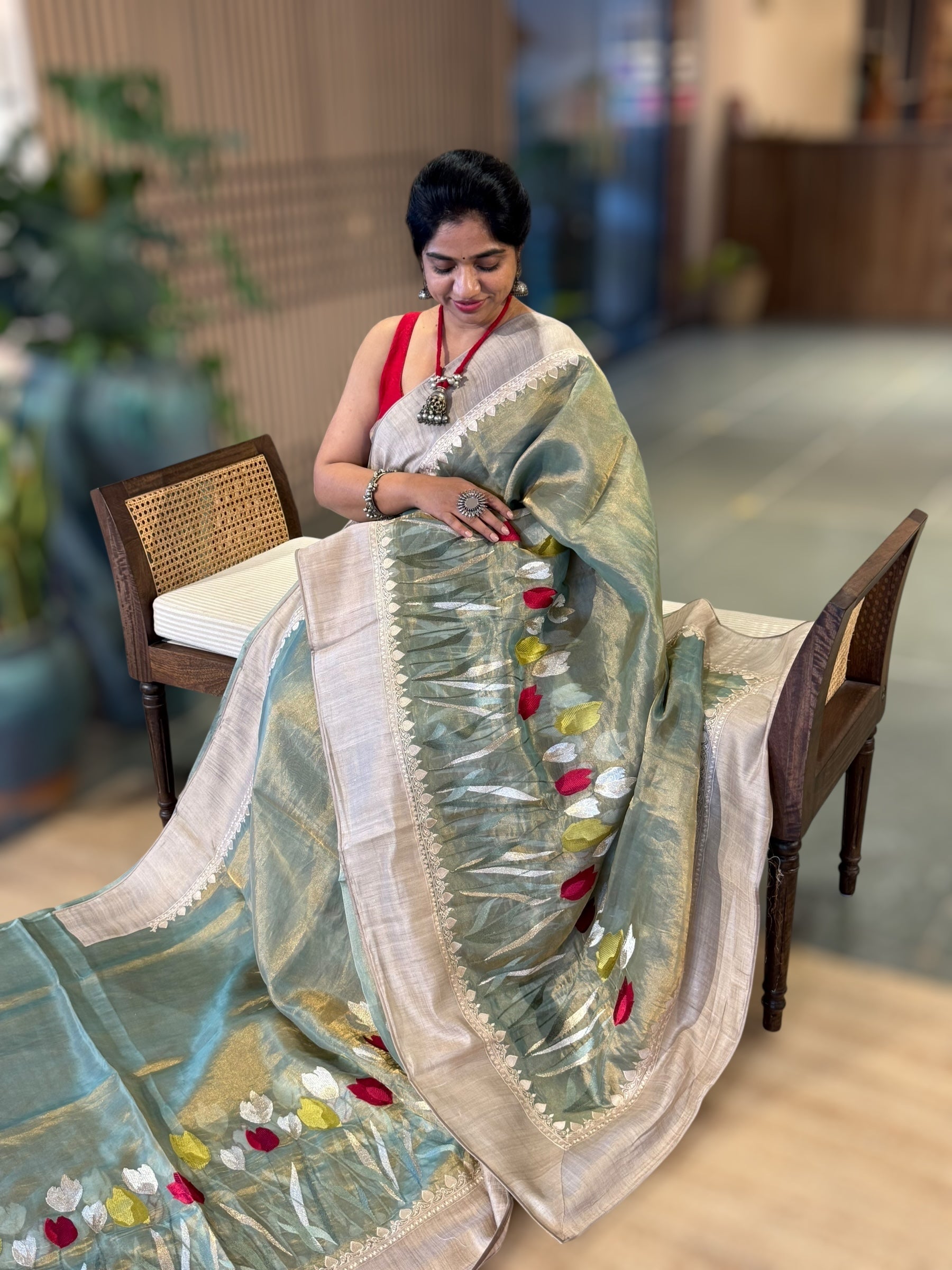 Sage Green Designer Handloom Tissue Saree With Tulip embroidery