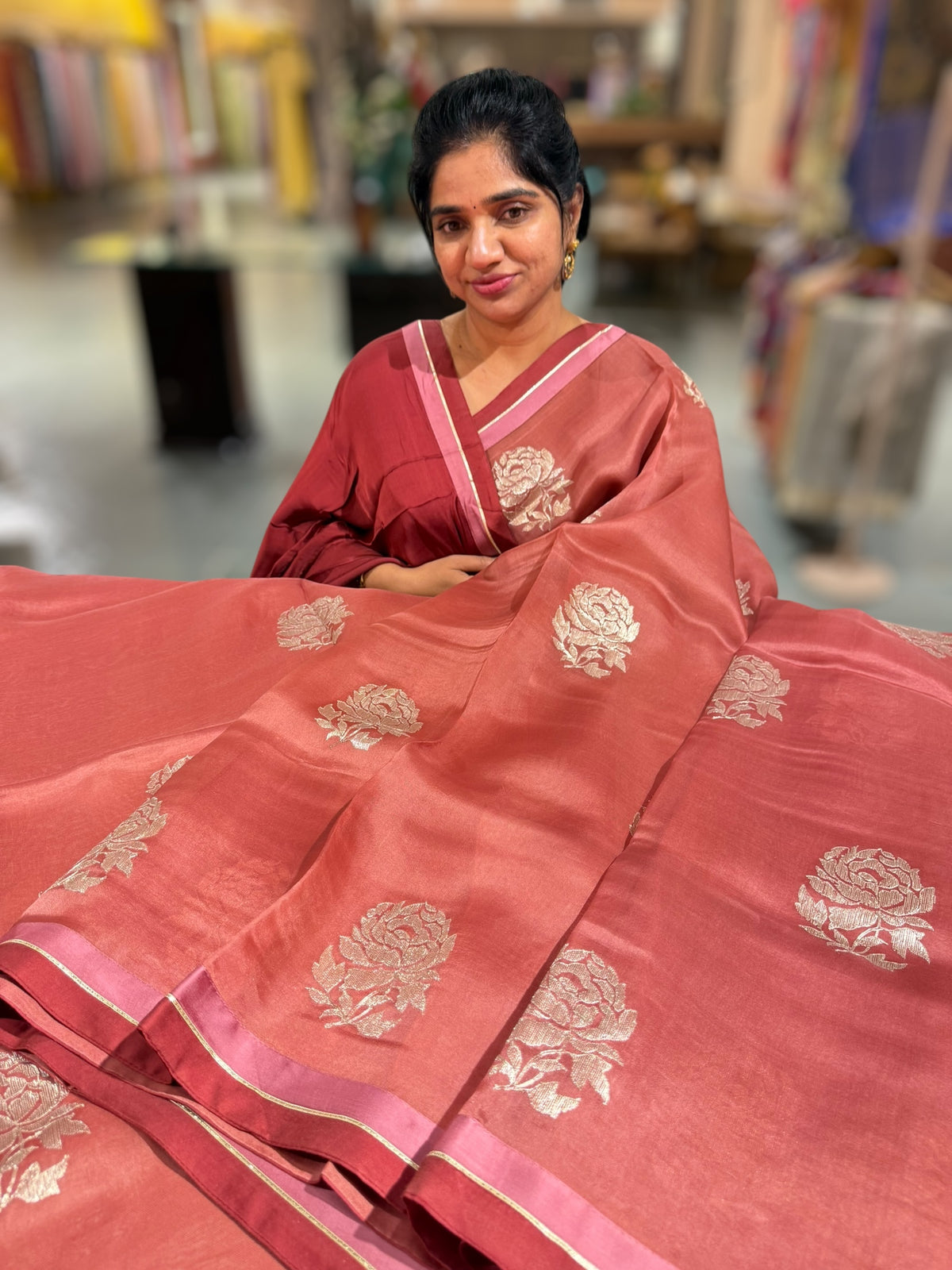 Terracota Color Pure Organza with embroidery