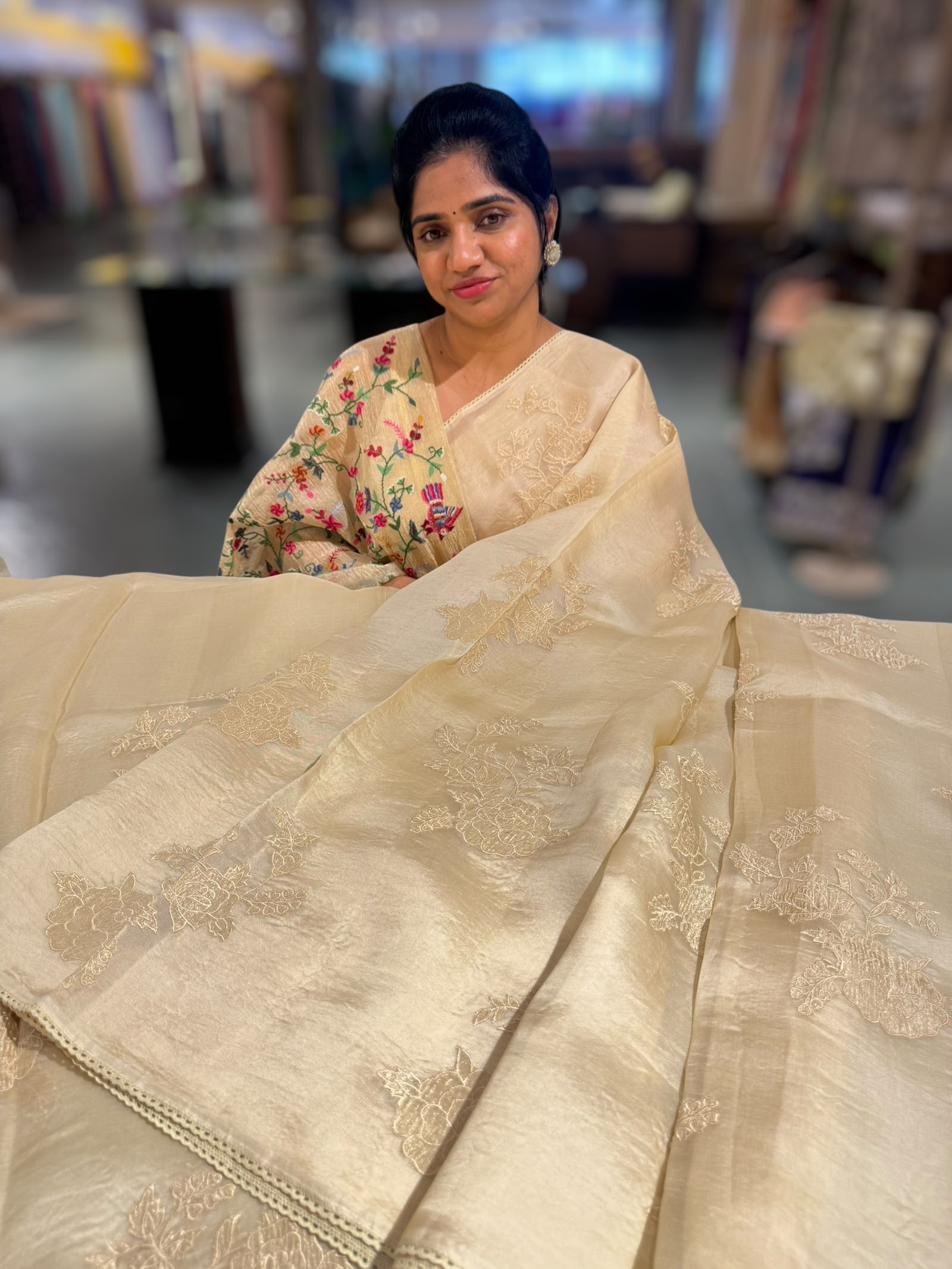 Beige Pure Organza with applique