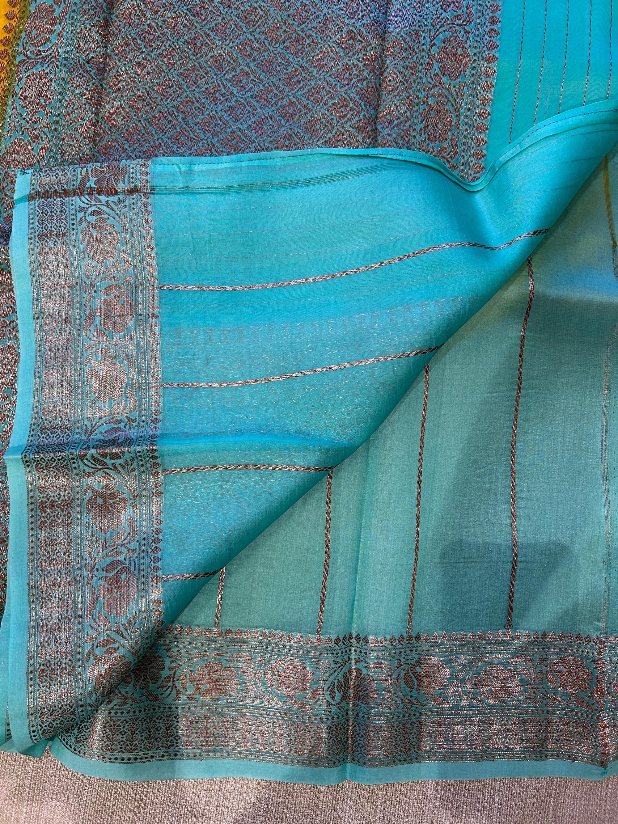 Mustard and teal combo Pure Handloom premium Kora Banarasi Saree