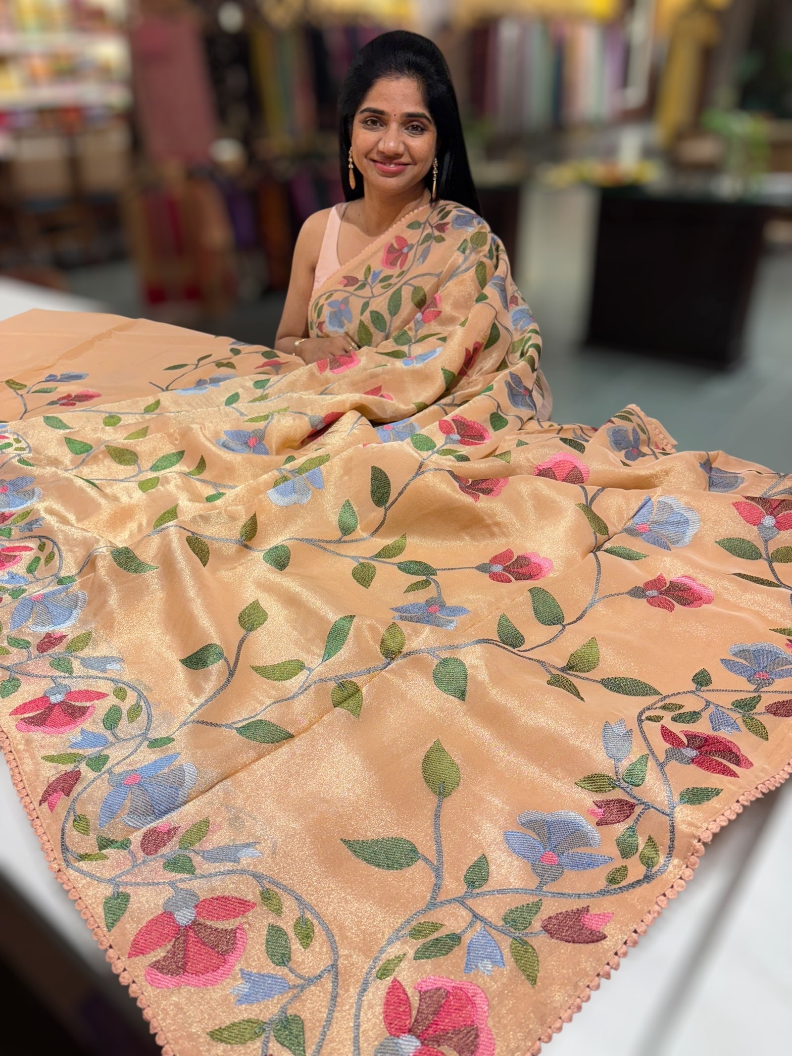 Peach Pink Tissue georgette saree with embroidey