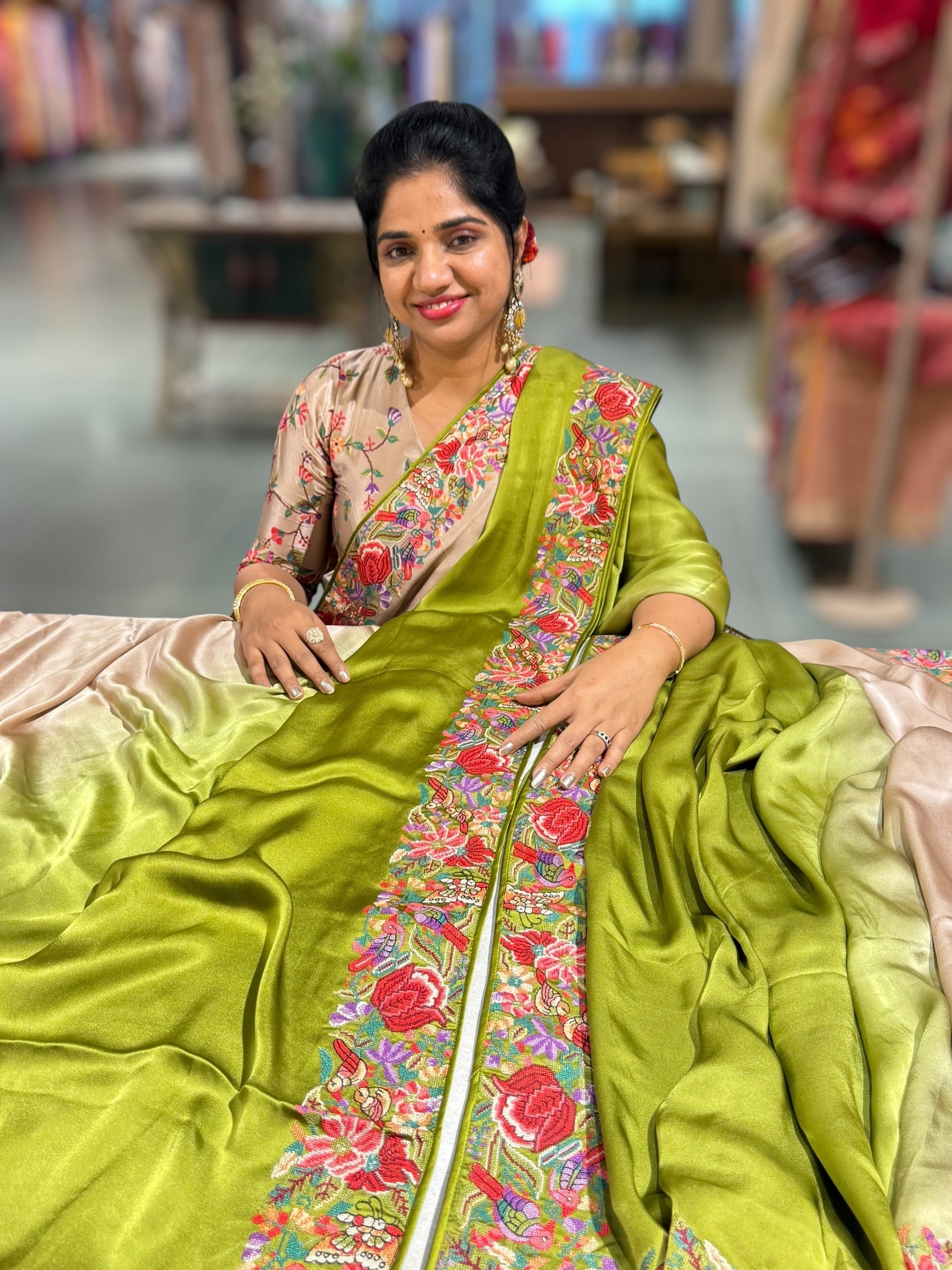Pure Satin Ombre Dyed Saree with Petite Point Embroidered Border and blouse.