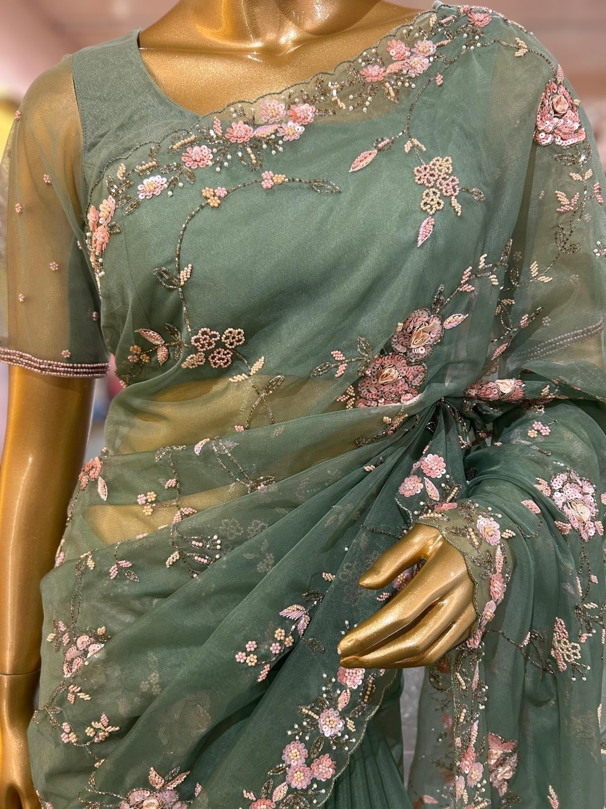 Sage Green Organza allover heavy handwork saree with ready to wear blouse