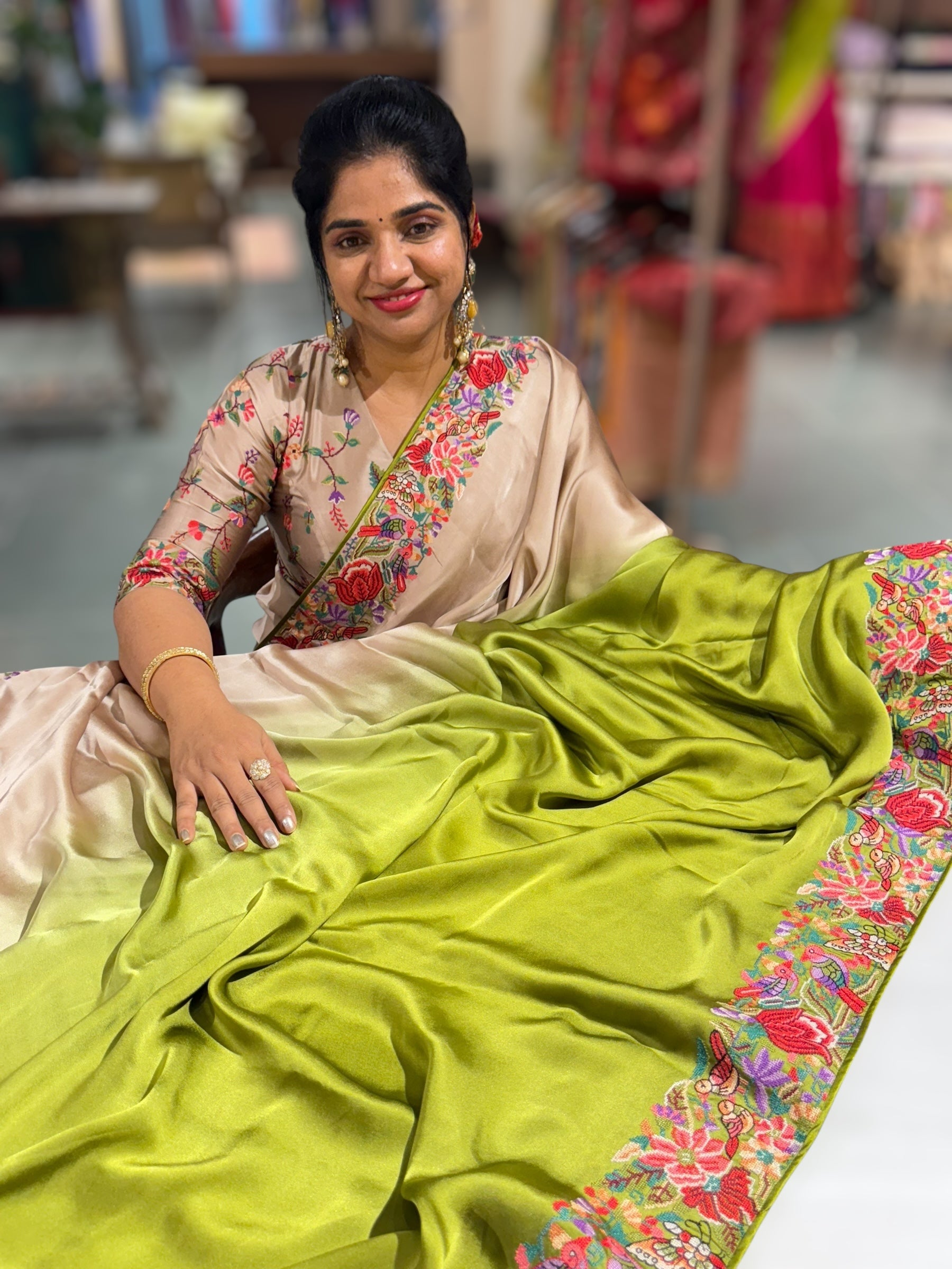Pure Satin Ombre Dyed Saree with Petite Point Embroidered Border and blouse.
