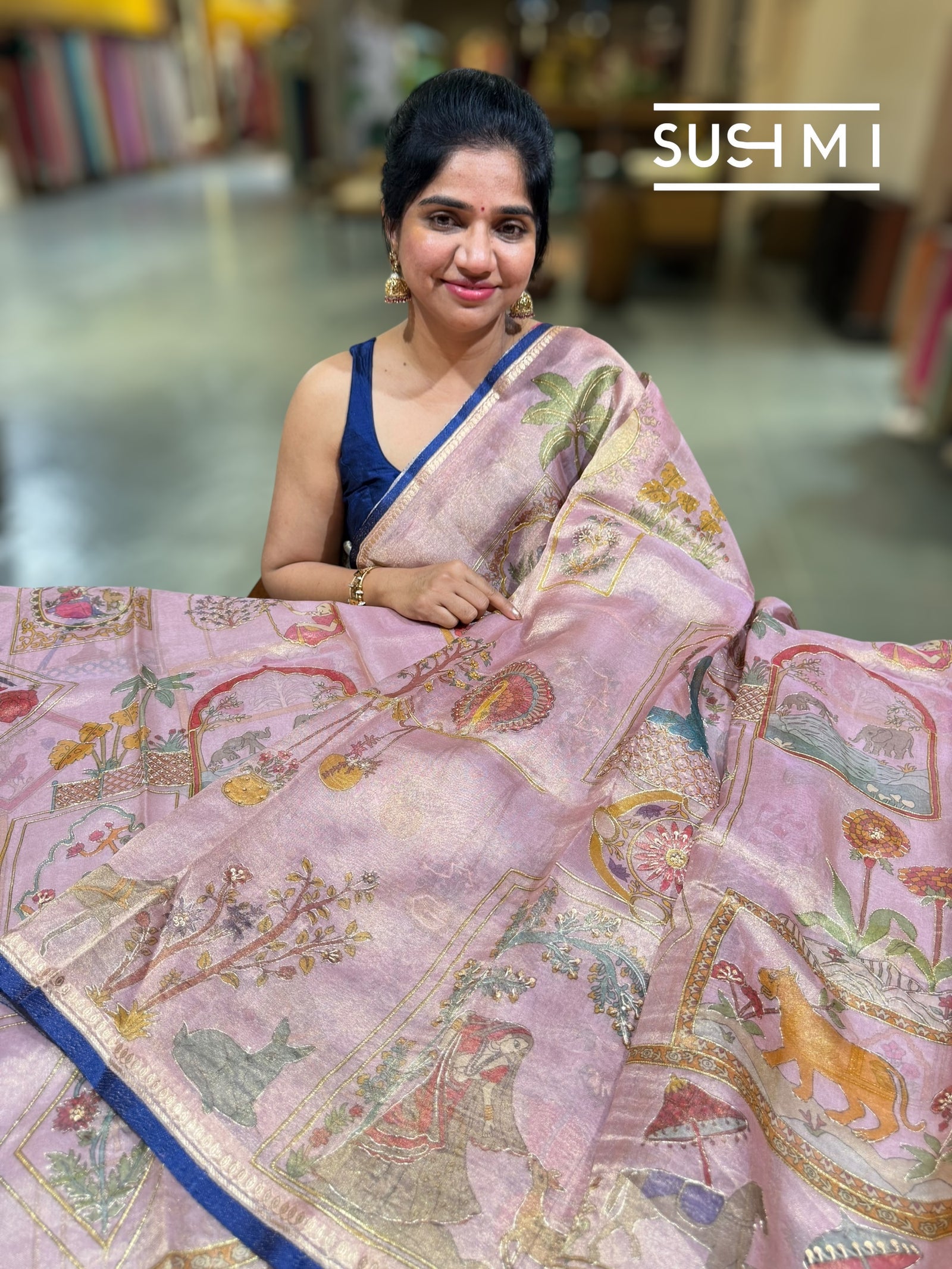 Pastel Pink Banarasi printed Tissue saree with handwork D62F057
