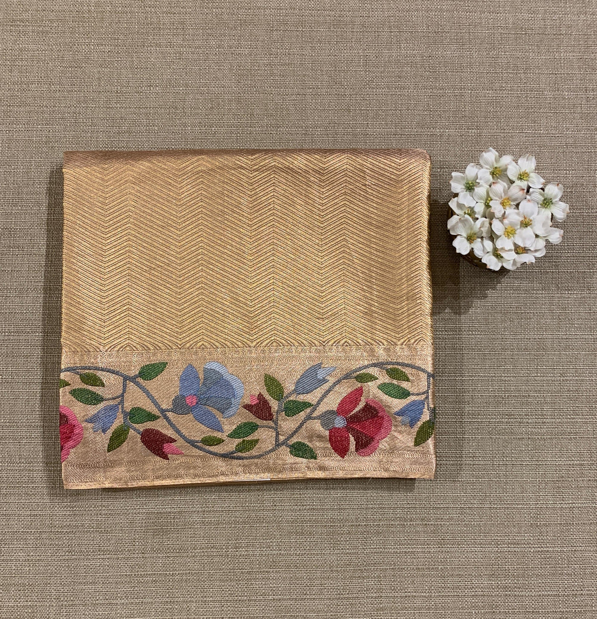 Rose Gold Kanchi Tissue Brocade Saree With jamdani inspired embroidery.