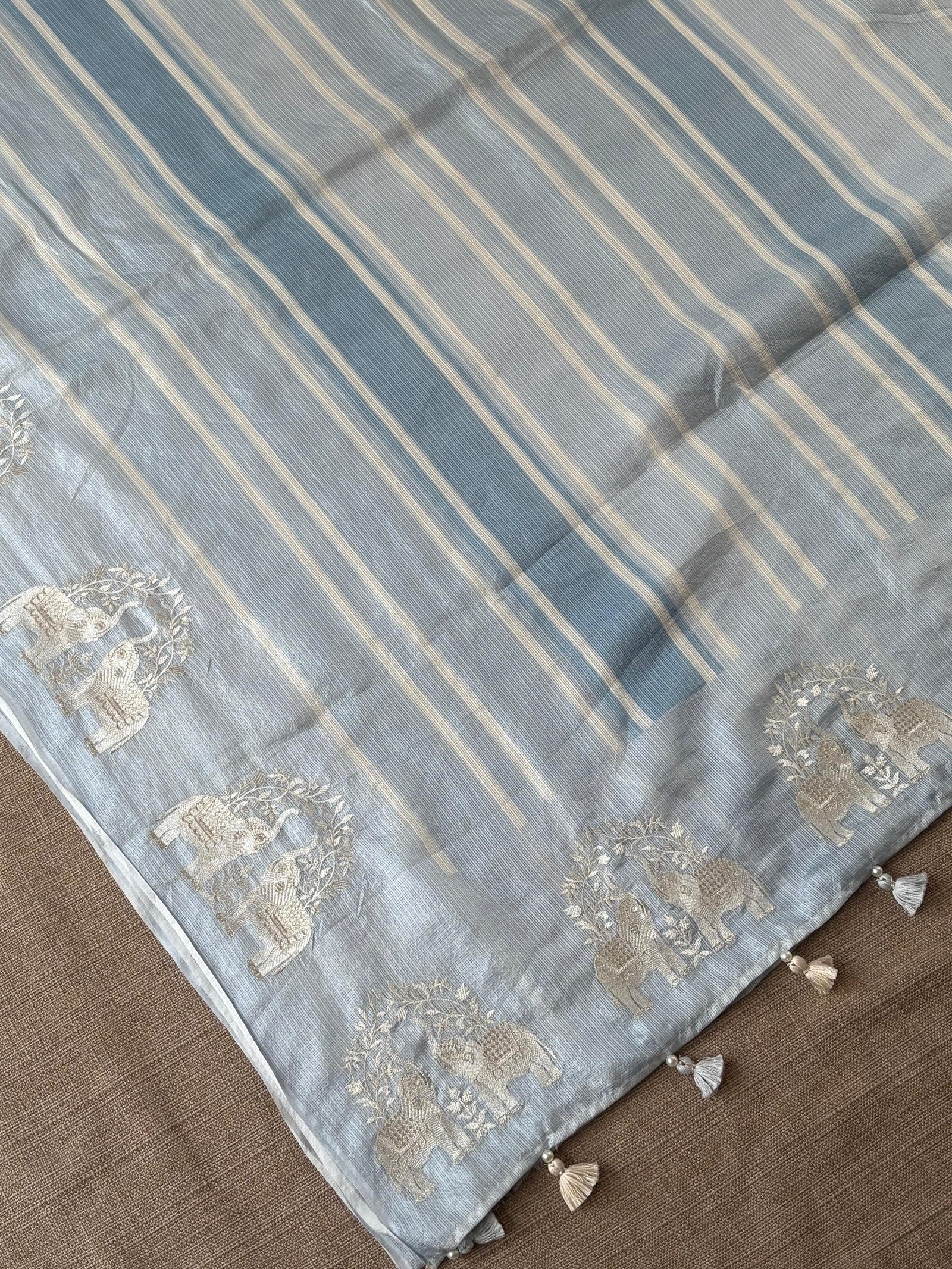 Dusty Blue Designer Silk kota saree with elephant embroidered border