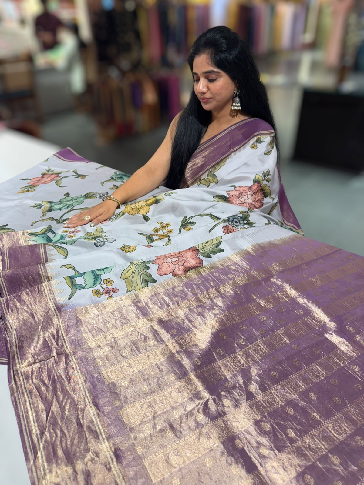 Silverish-Grey Kanjeevaram Designer print saree