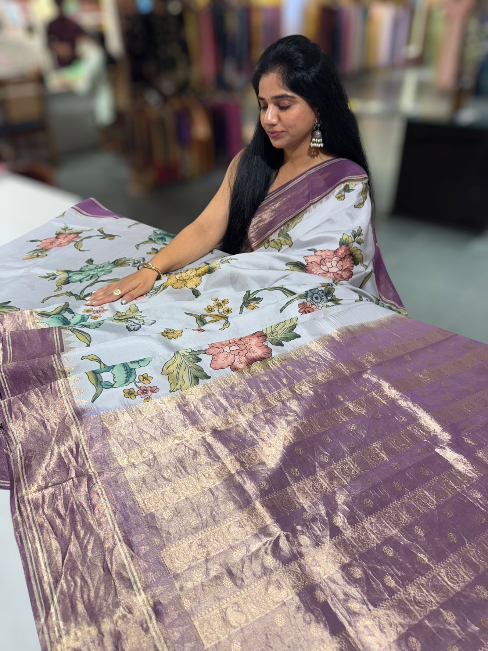 Silverish-Grey Kanjeevaram Designer print saree