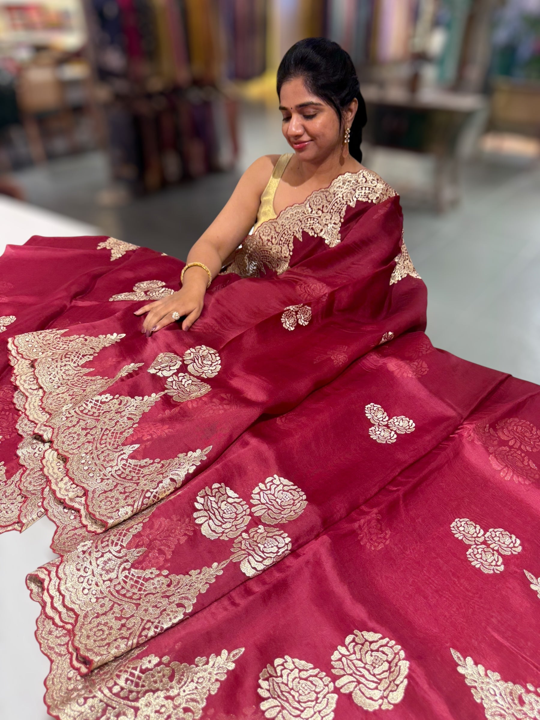 Meroon Organza Saree with stunning chantilly lace style  cutwork embroidered border